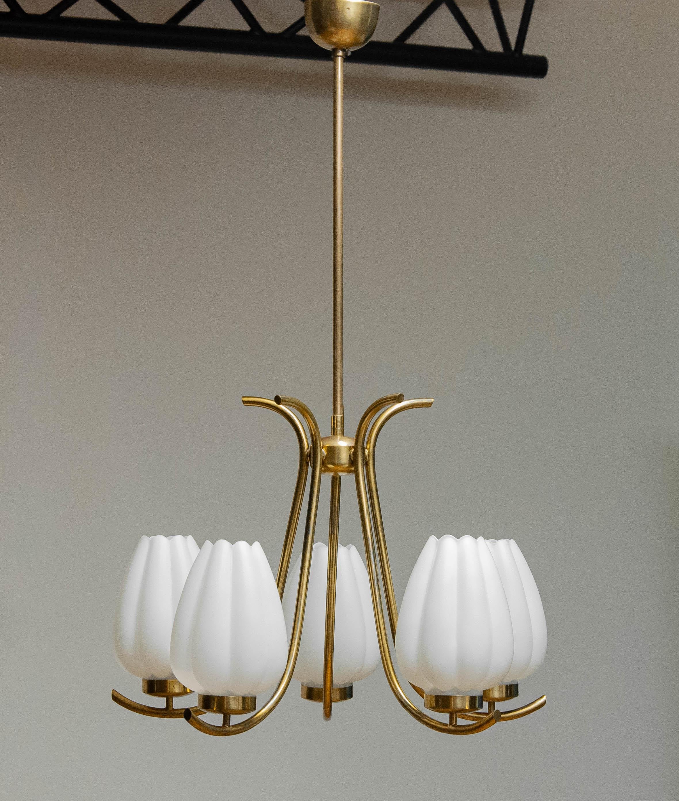 Mid-20th Century Brass Böhlmarks Chandelier Supporting Large Opal Glass Tulip Vases Sweden 1940s For Sale