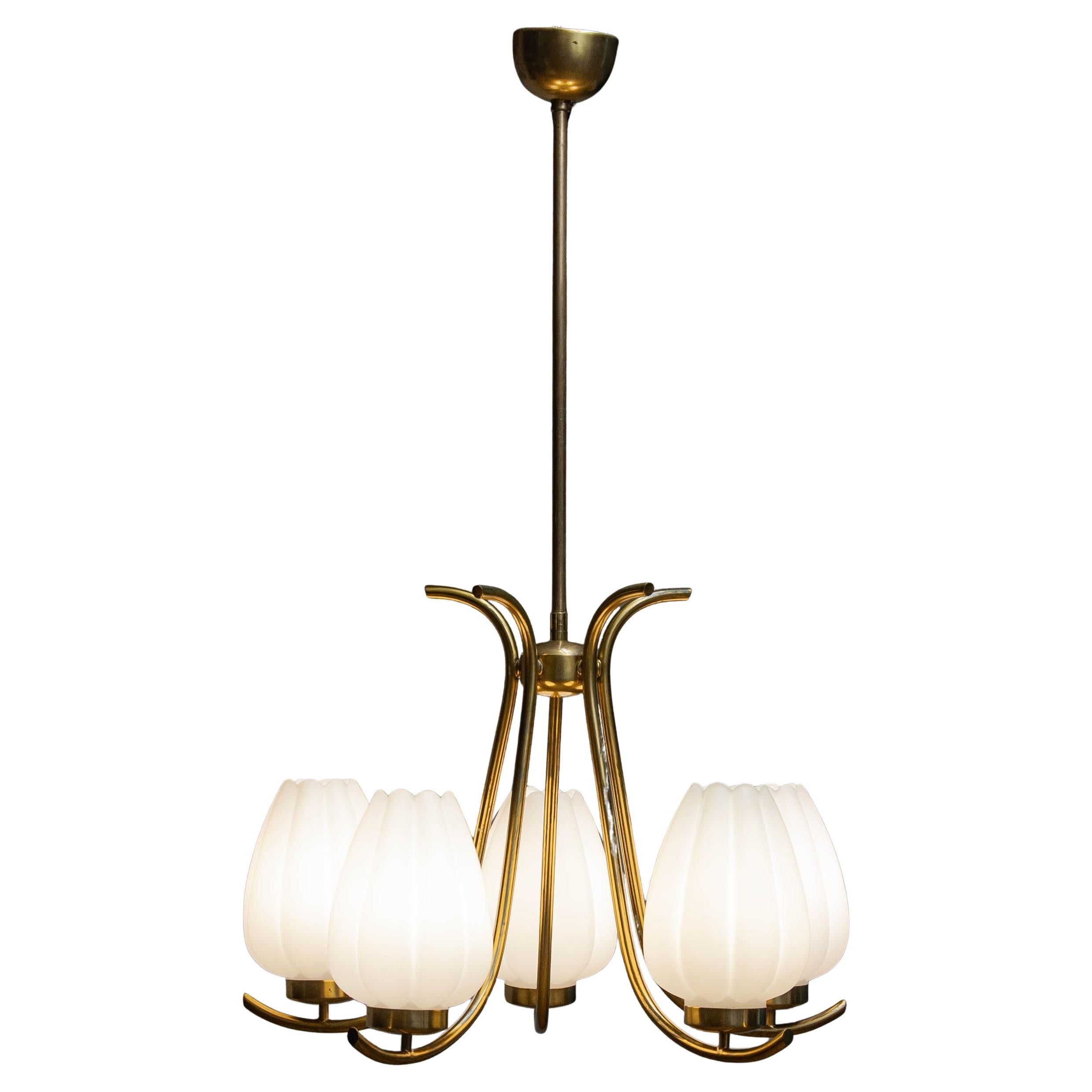 Brass Böhlmarks Chandelier Supporting Large Opal Glass Tulip Vases Sweden 1940s For Sale
