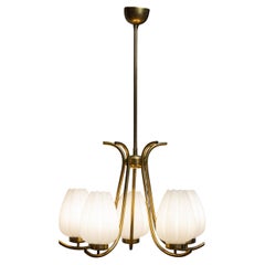 Brass Böhlmarks Chandelier Supporting Large Opal Glass Tulip Vases Sweden 1940s