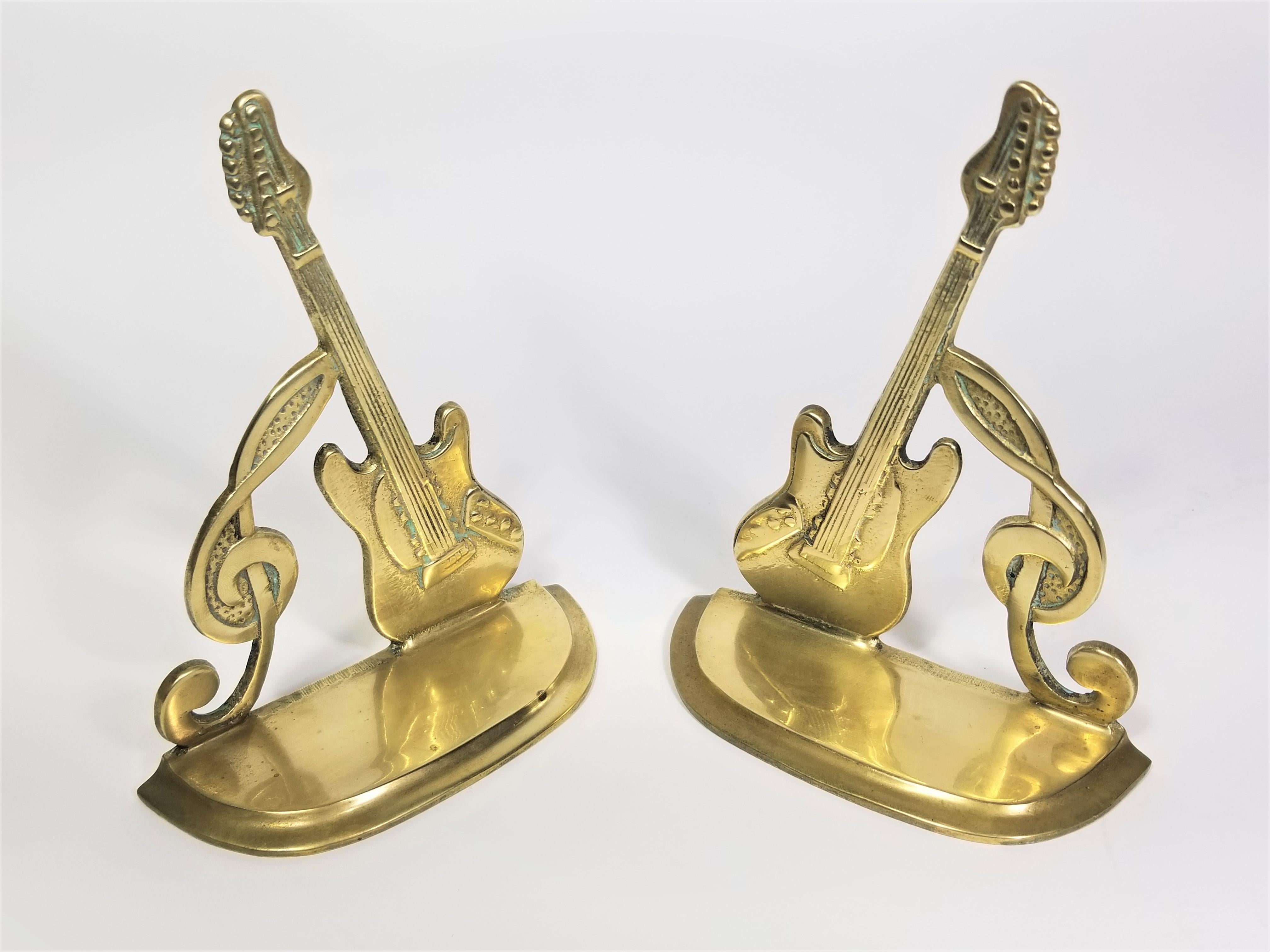 Brass Bookends Guitar and Music Note, Dated 1987 In Excellent Condition In New York, NY