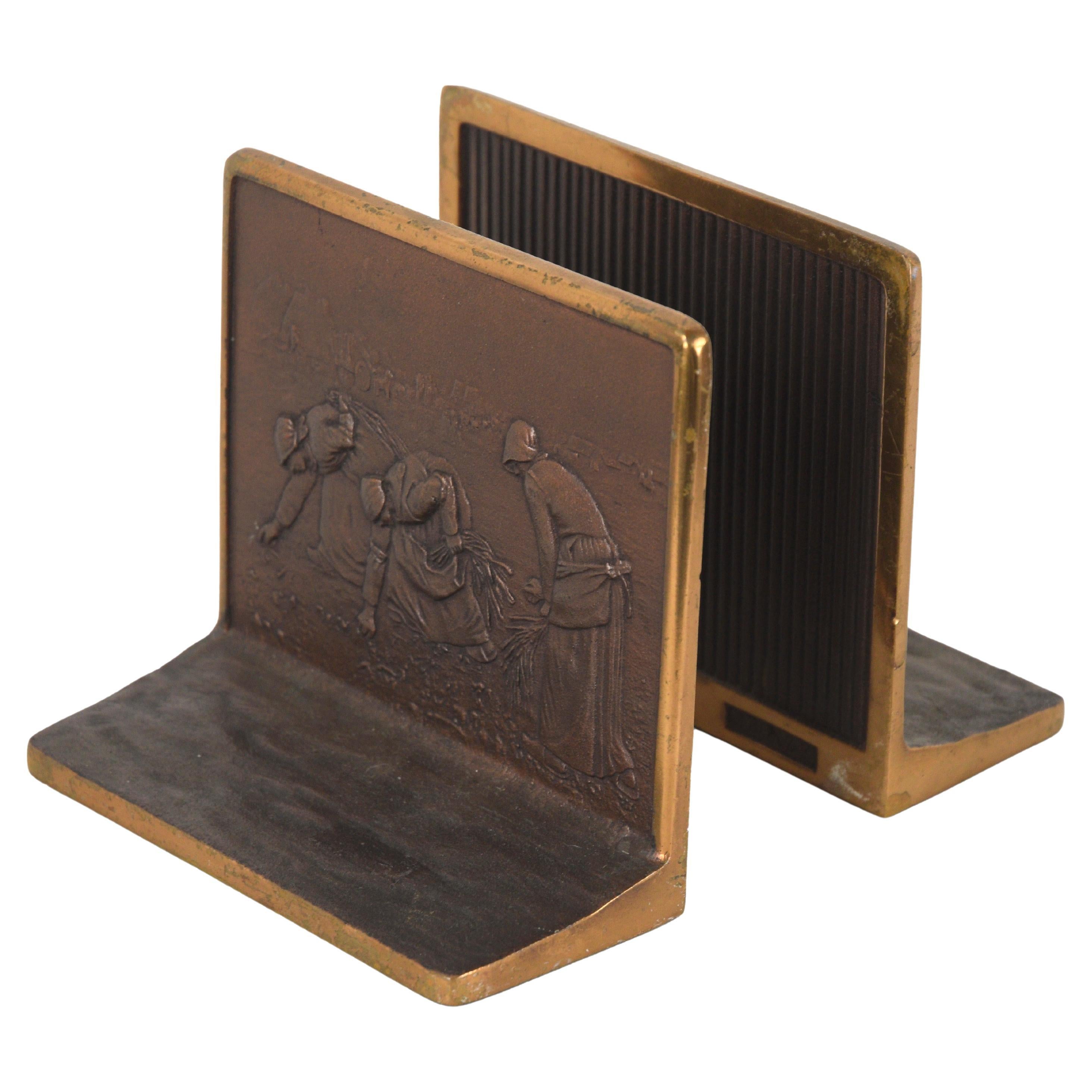 Brass Bookends with "The Angelus" and "The Gleaners" by Jean Francois Millet