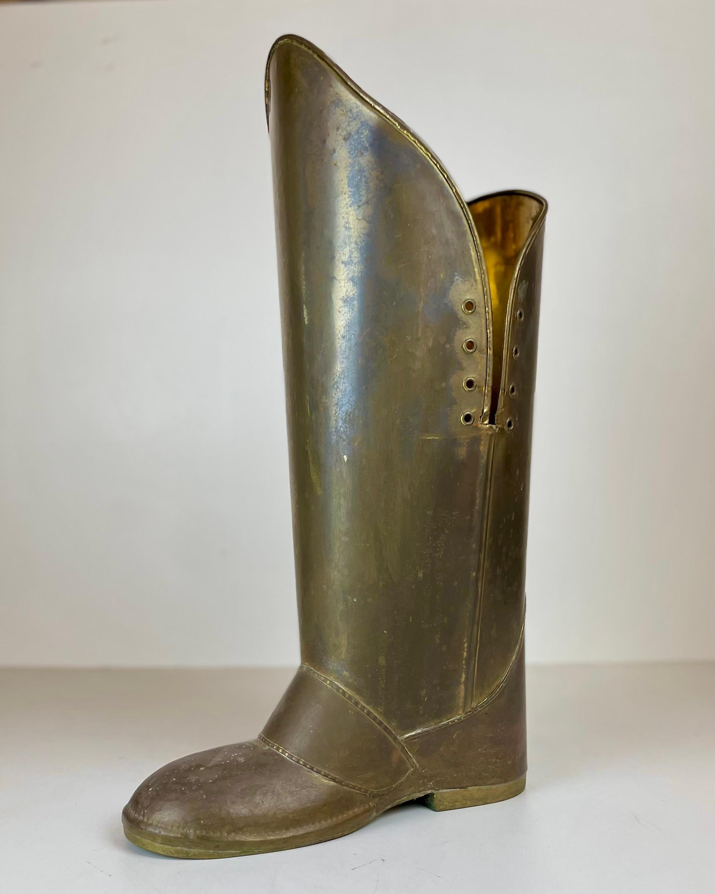 European Brass Boot Umbrella Stand in the sale of Mecap Belgium from 1930s For Sale