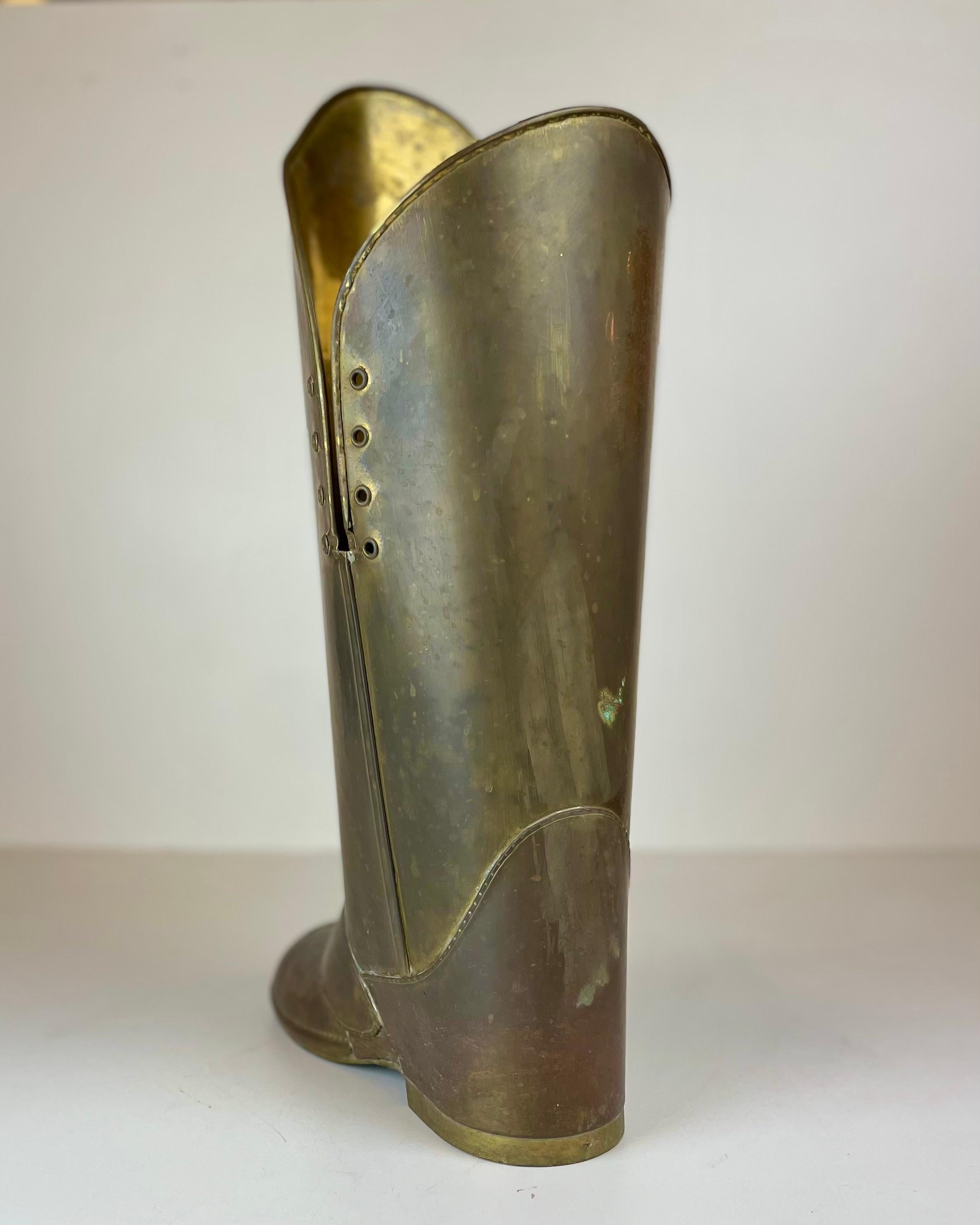 Hammered Brass Boot Umbrella Stand in the sale of Mecap Belgium from 1930s For Sale