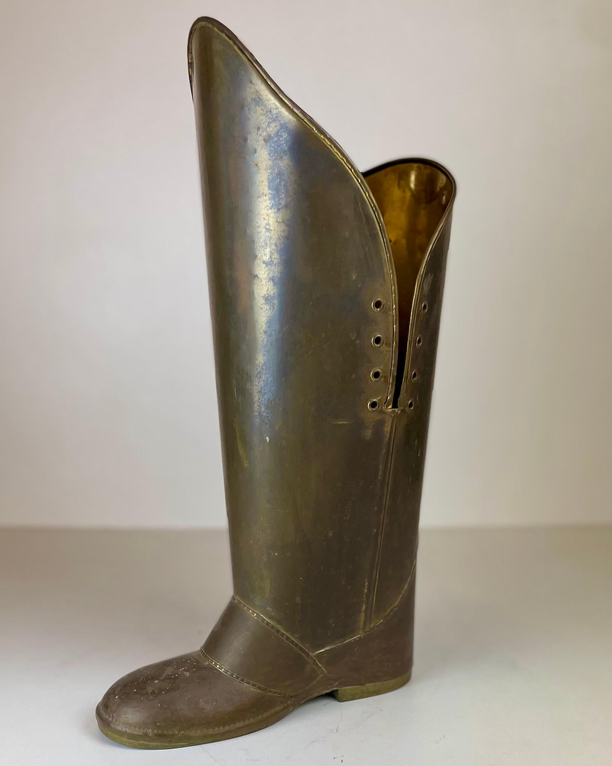 20th Century Brass Boot Umbrella Stand in the sale of Mecap Belgium from 1930s For Sale