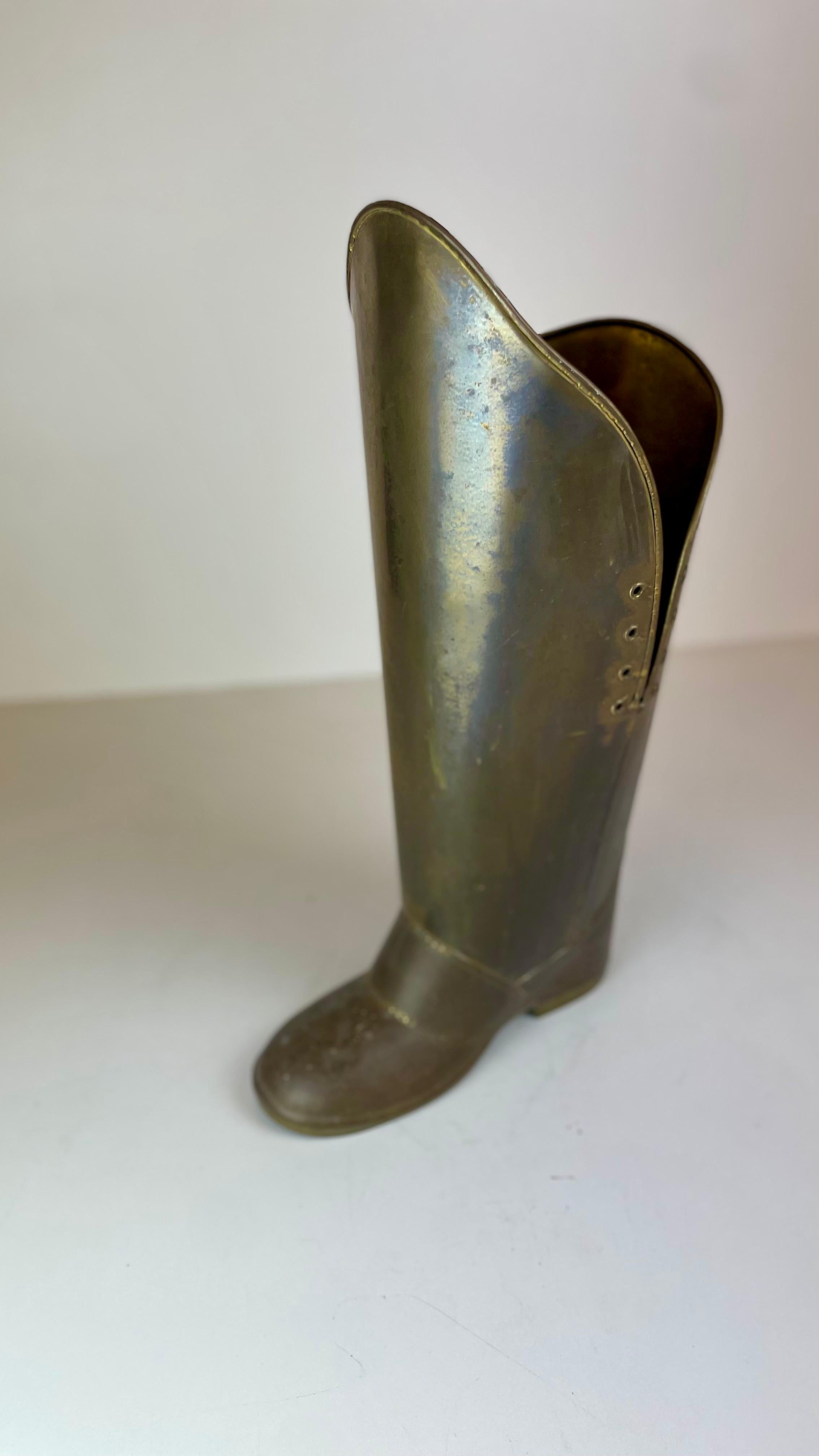 Metal Brass Boot Umbrella Stand in the sale of Mecap Belgium from 1930s For Sale