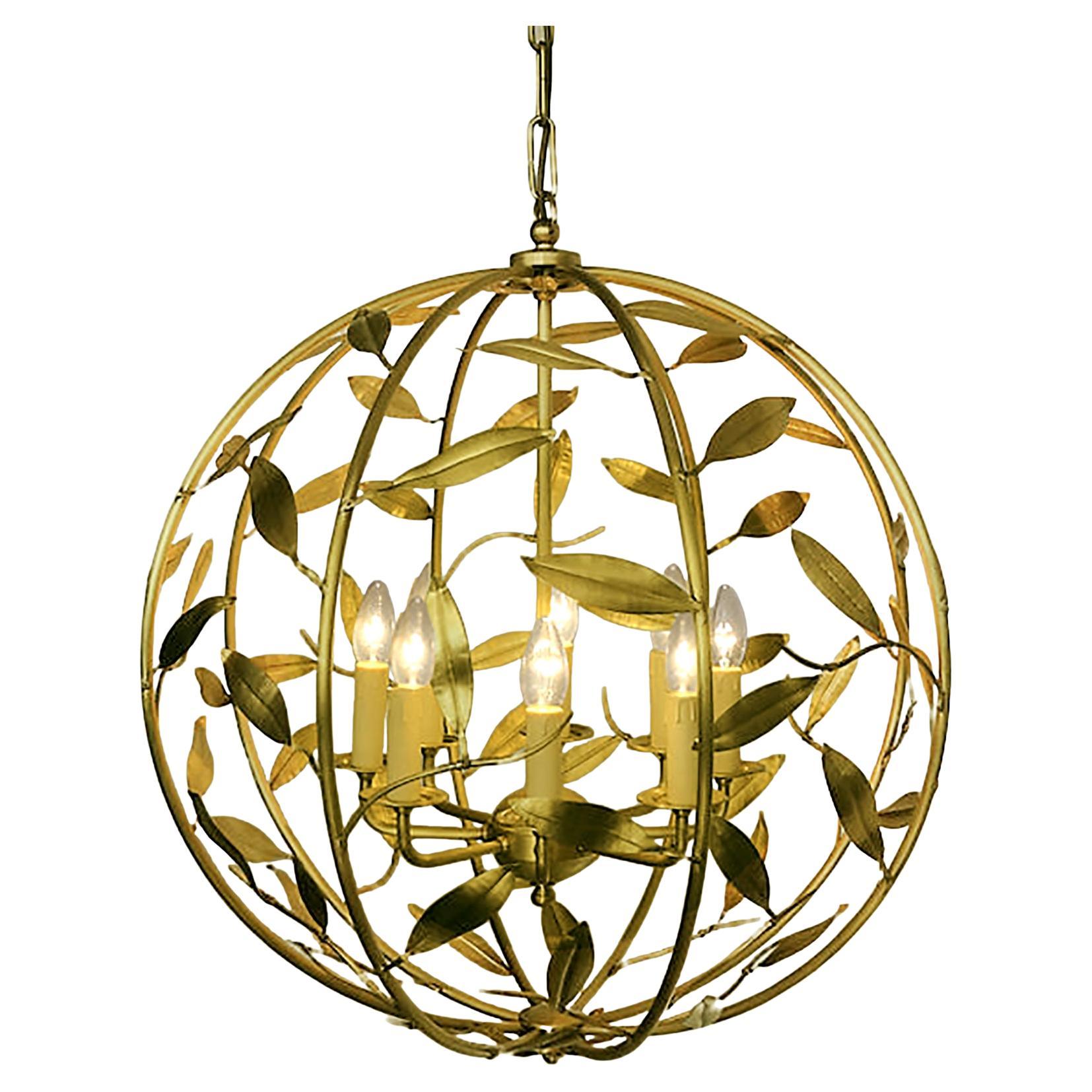 Brass Botanical Foliage Hand-Made Spherical Chandelier For Sale