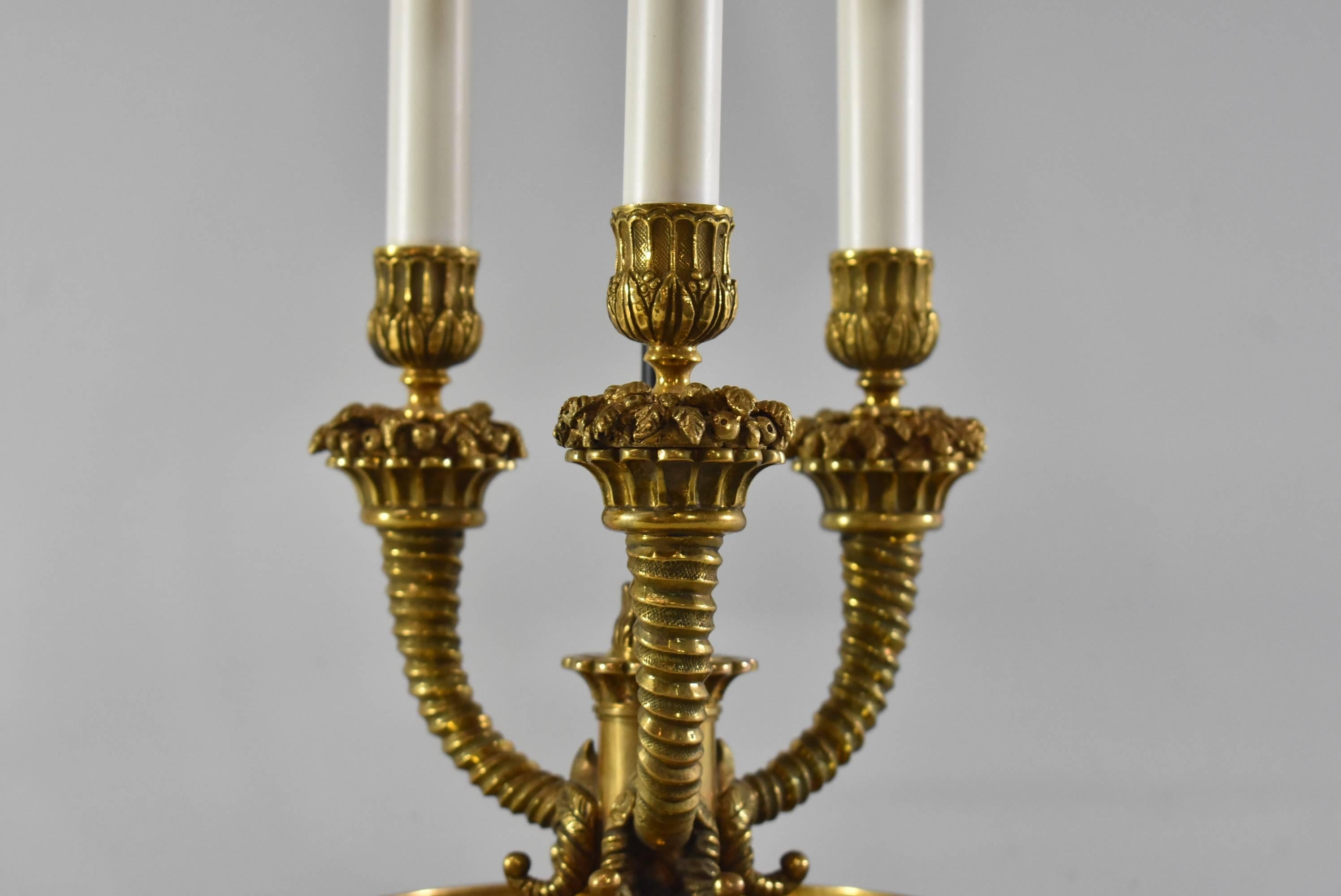 French Provincial Brass Bouillote Desk Lamp with Black and Gold Tole Shade and Three Sockets