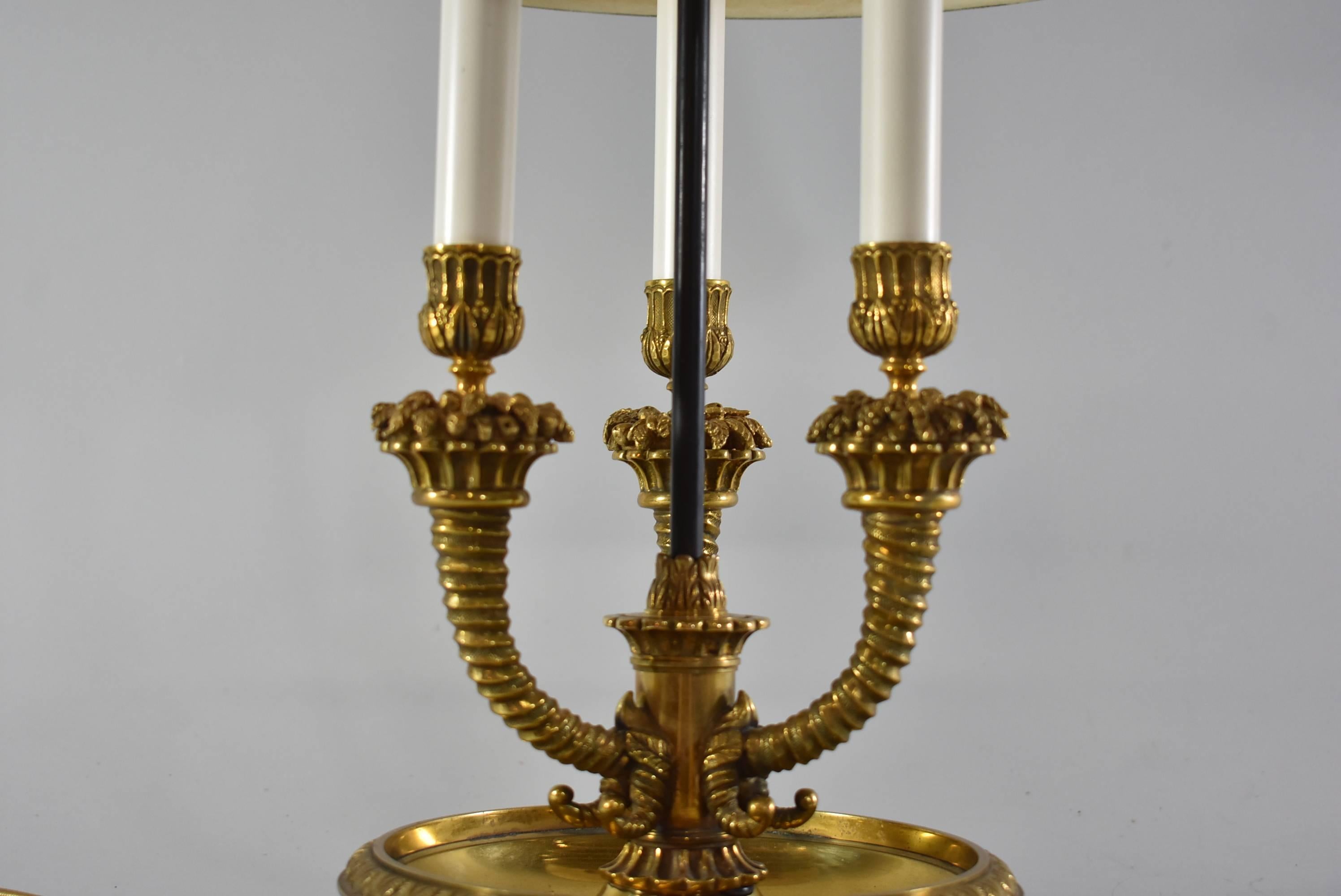 20th Century Brass Bouillote Desk Lamp with Black and Gold Tole Shade and Three Sockets