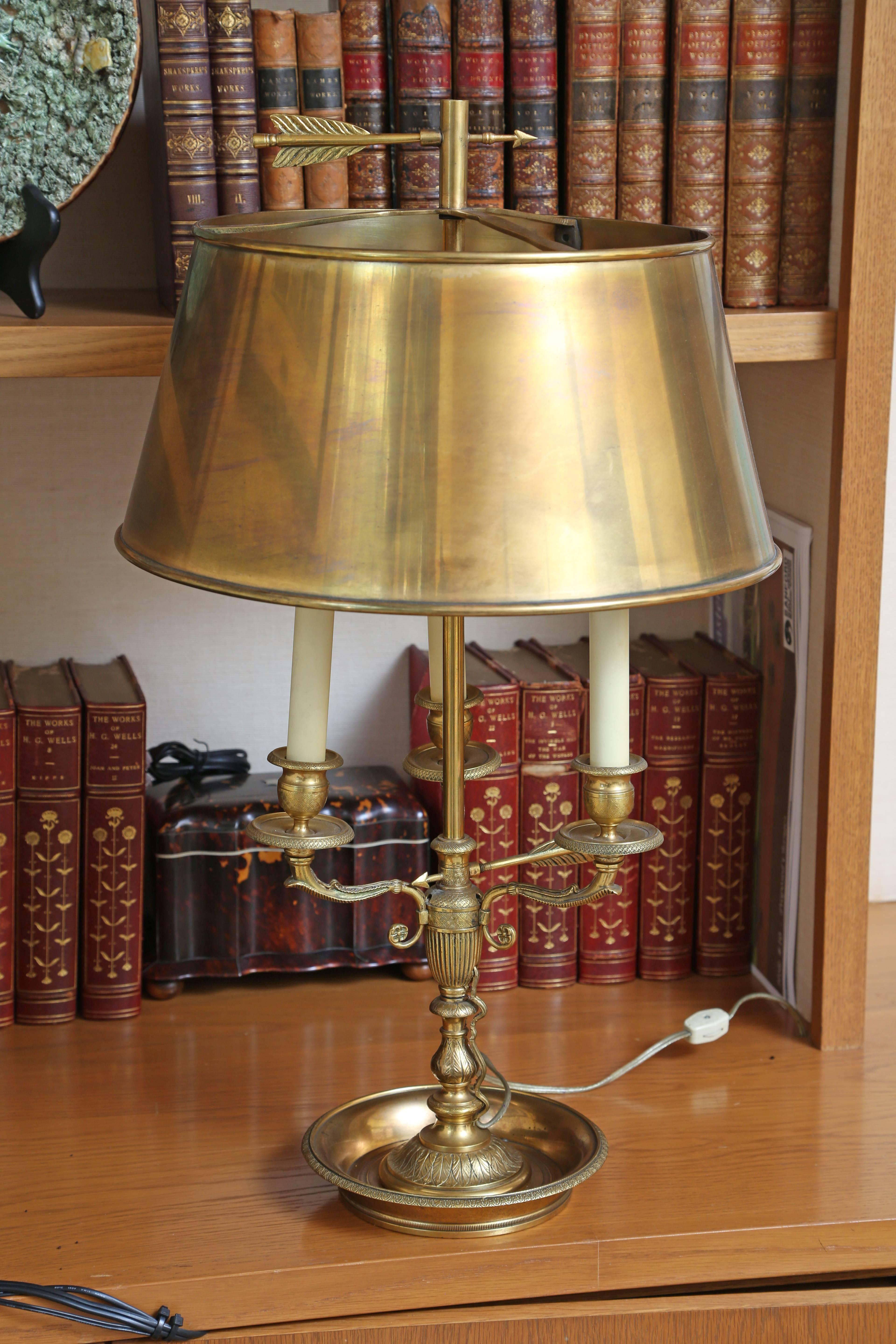 Super stylish entirely brass bouillotte-style lamp.