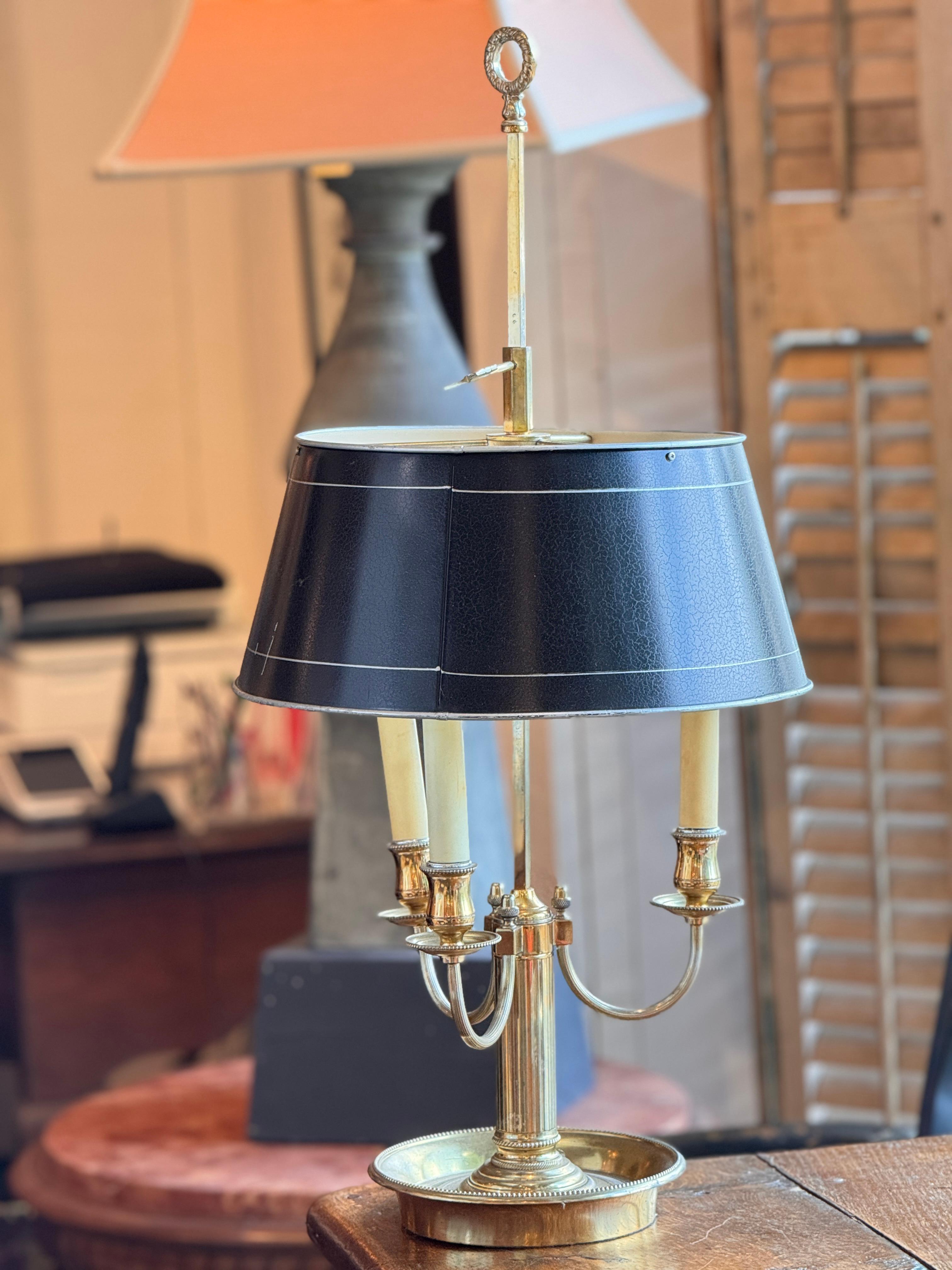French Brass Bouillotte Lamp With Tole Shade For Sale