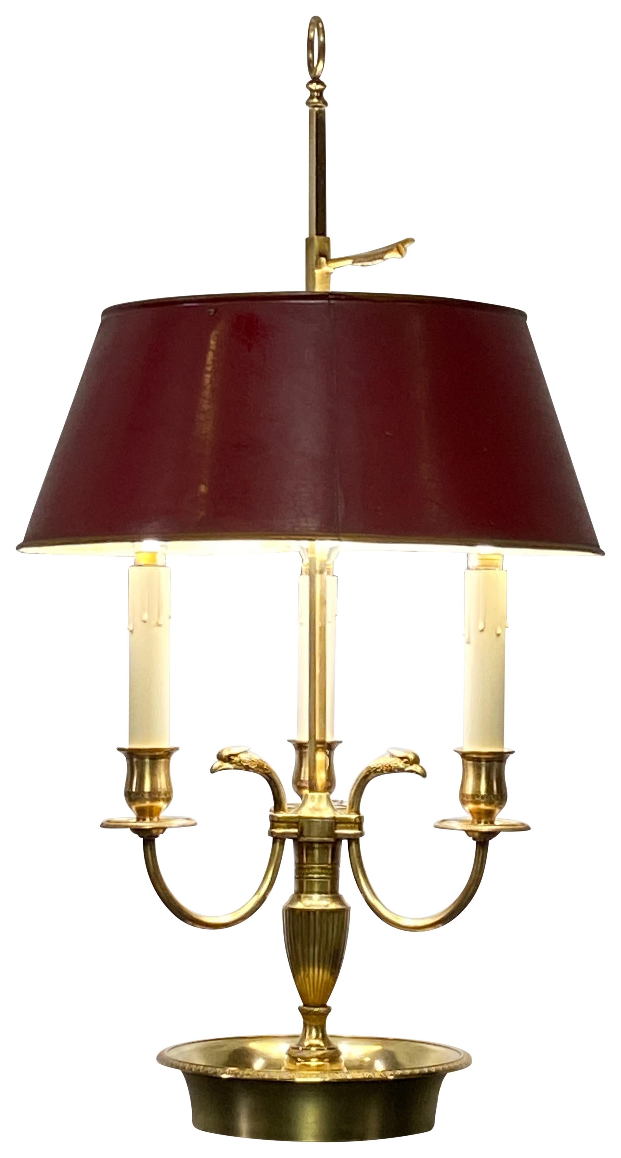 Brass Bouillotte Table Lamp with Red Tole Painted Shade In Good Condition For Sale In San Francisco, CA