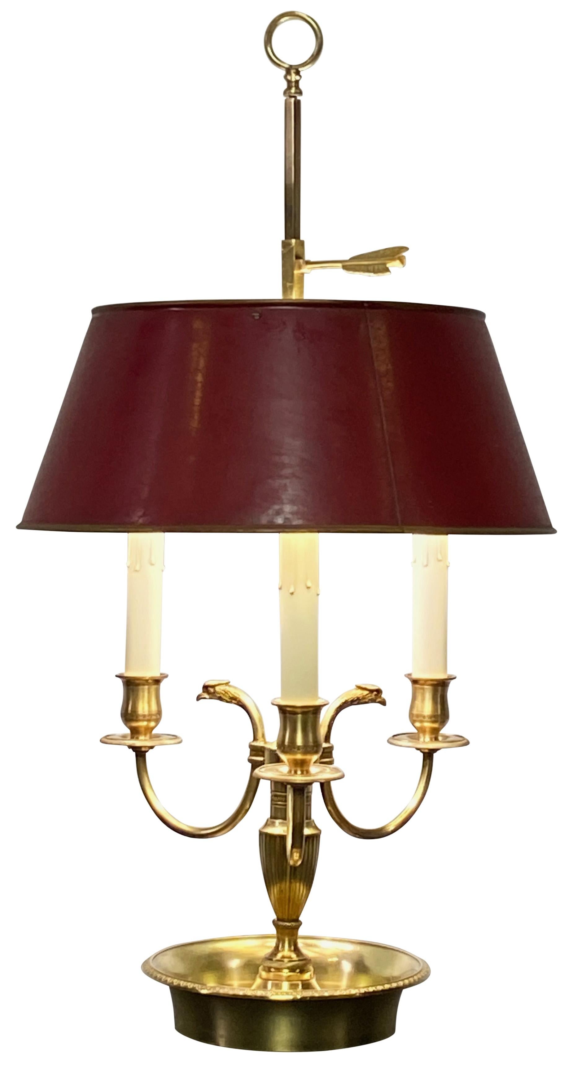 20th Century Brass Bouillotte Table Lamp with Red Tole Painted Shade For Sale