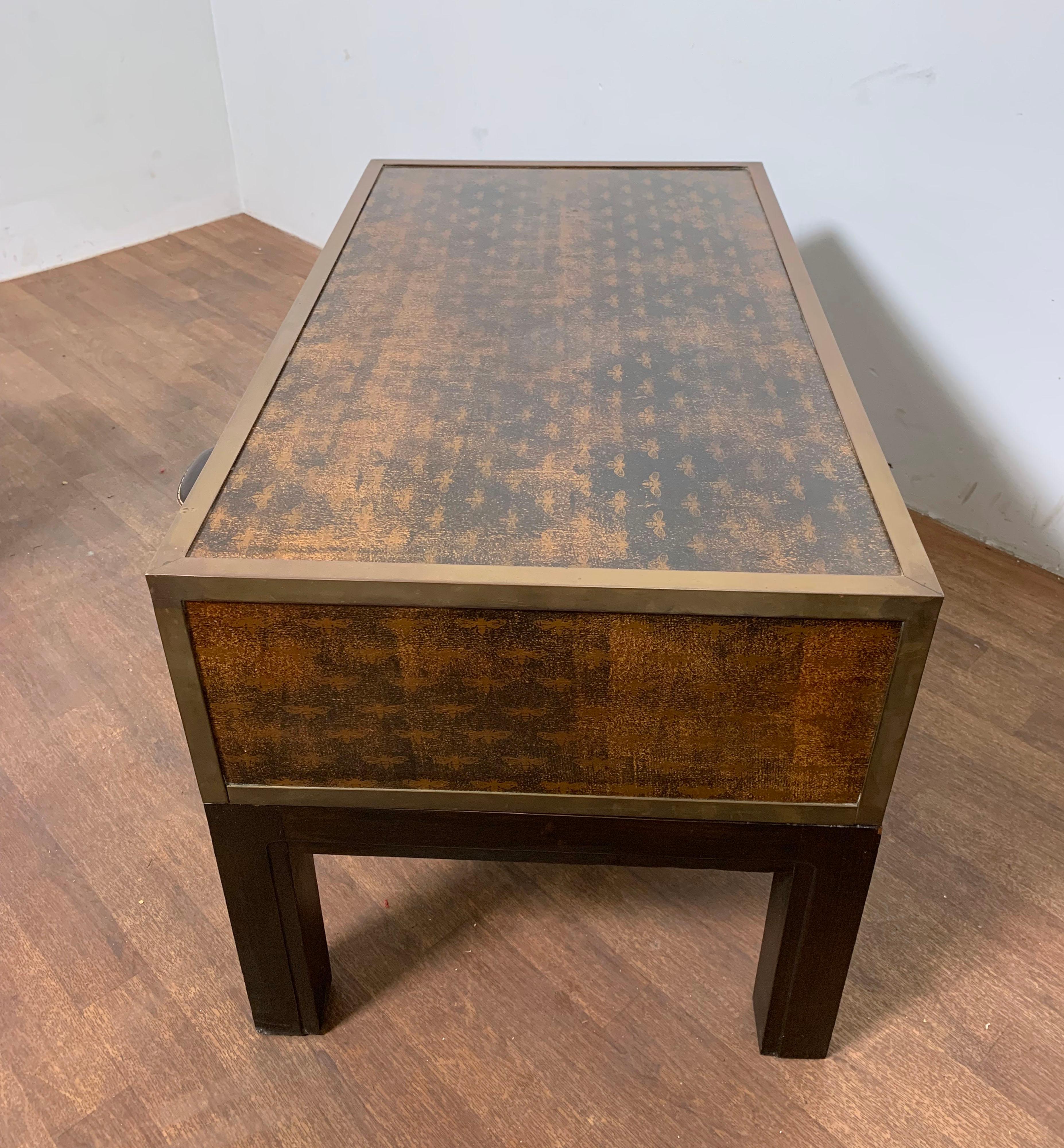 Brass Bound Campaign Style Chest or Coffee Table With Napoleonic Bee Parchment In Good Condition For Sale In Peabody, MA