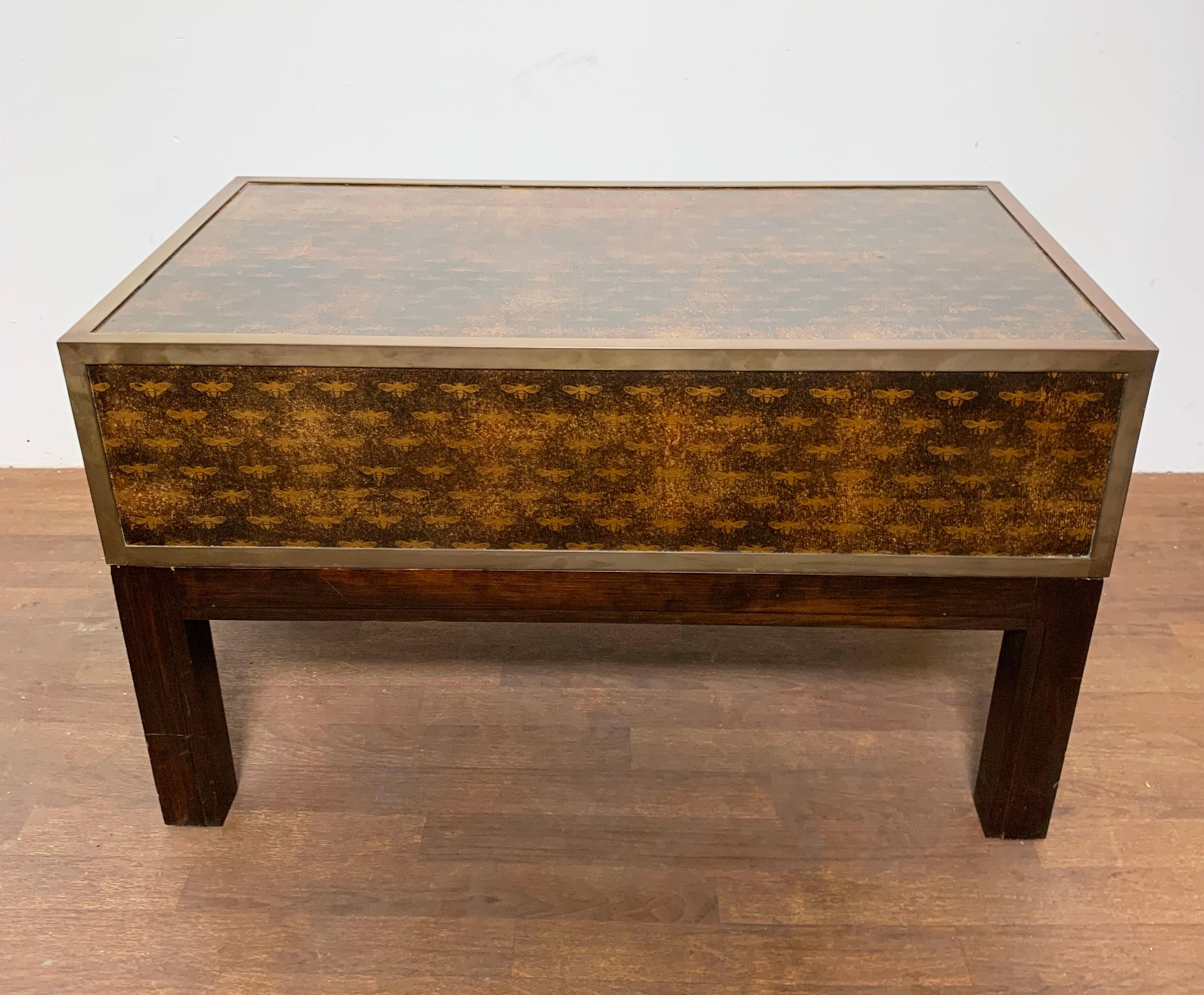 Late 20th Century Brass Bound Campaign Style Chest or Coffee Table With Napoleonic Bee Parchment For Sale