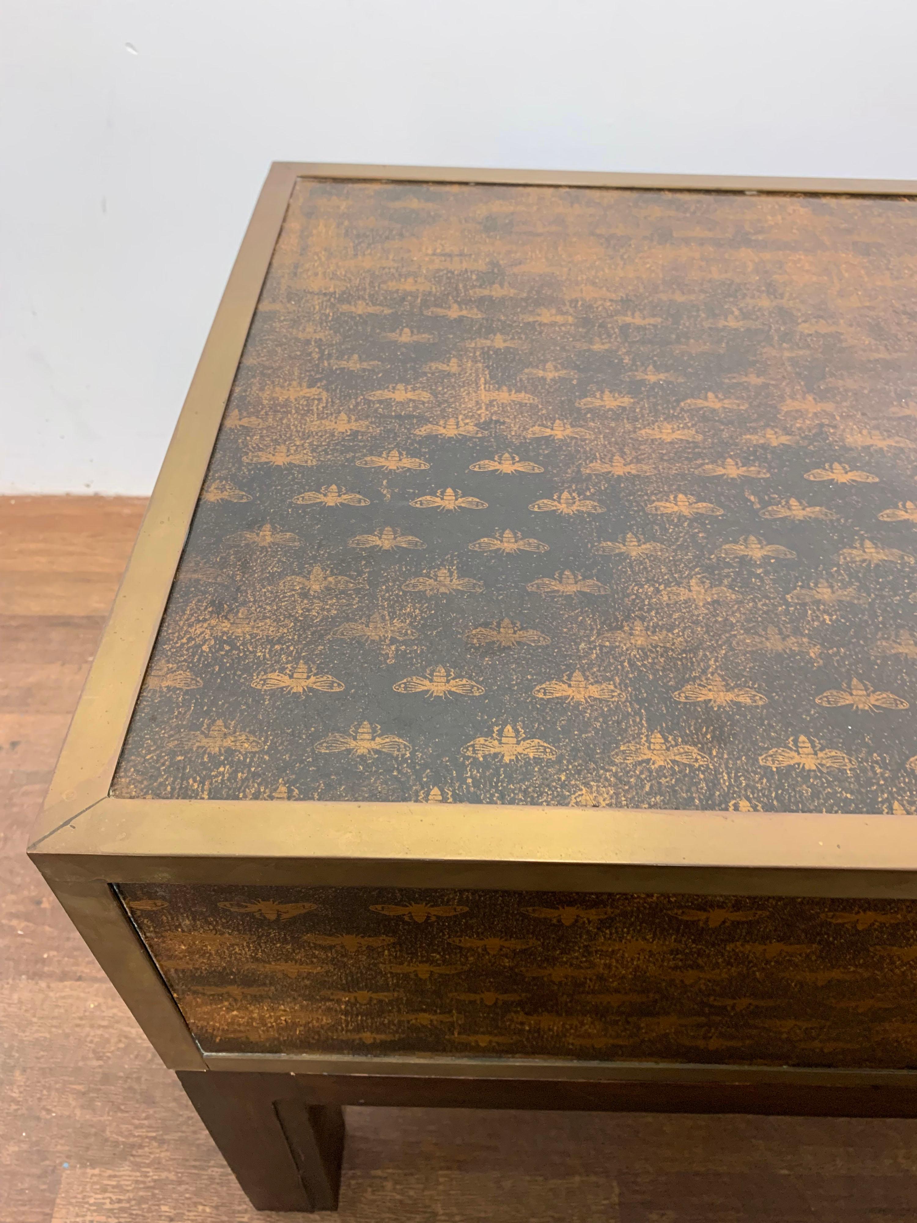 Upholstery Brass Bound Campaign Style Chest or Coffee Table With Napoleonic Bee Parchment For Sale