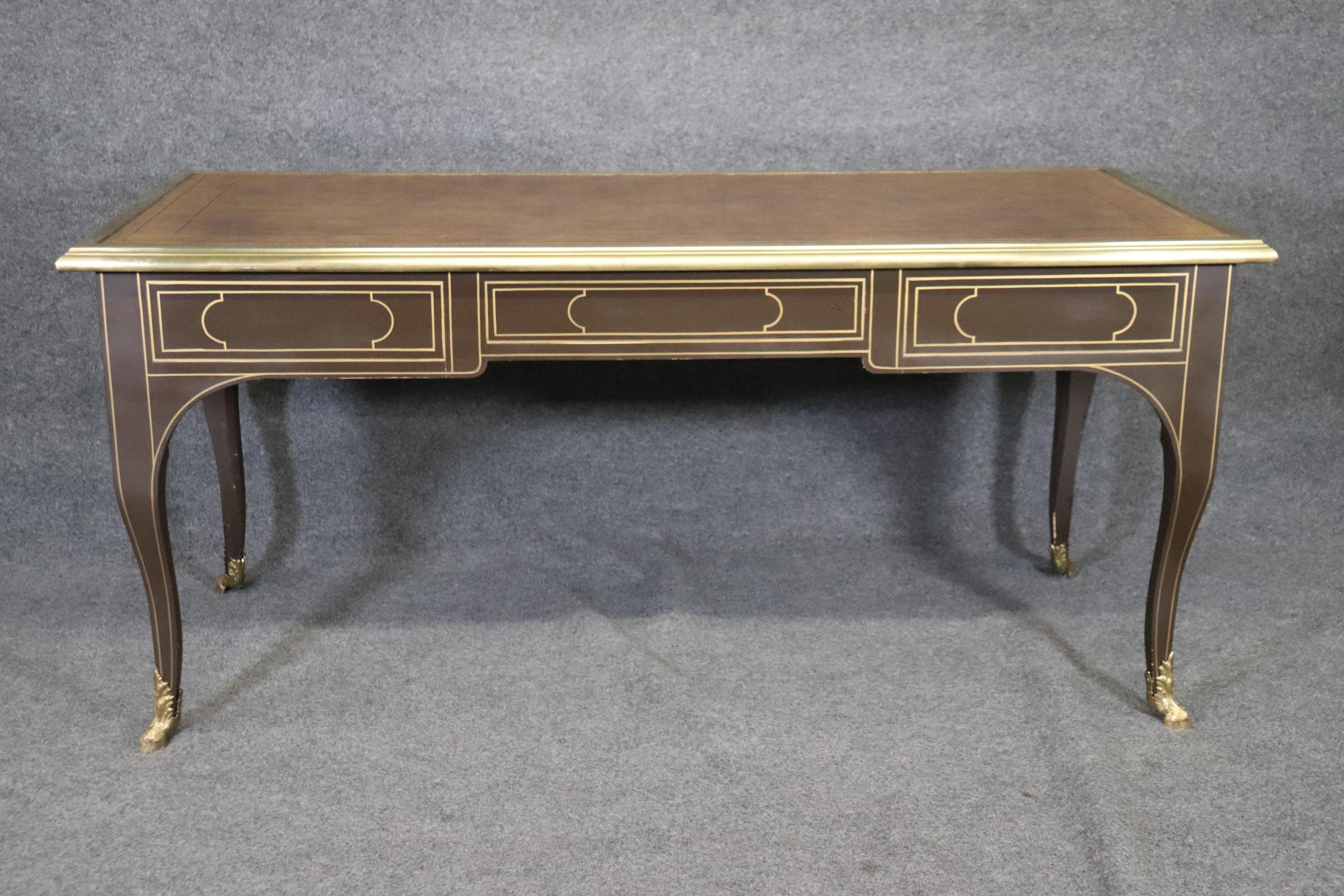 Brass Bound Leather Top Louis XV Bureau Plat Baker Collector's Edition Desk For Sale 5