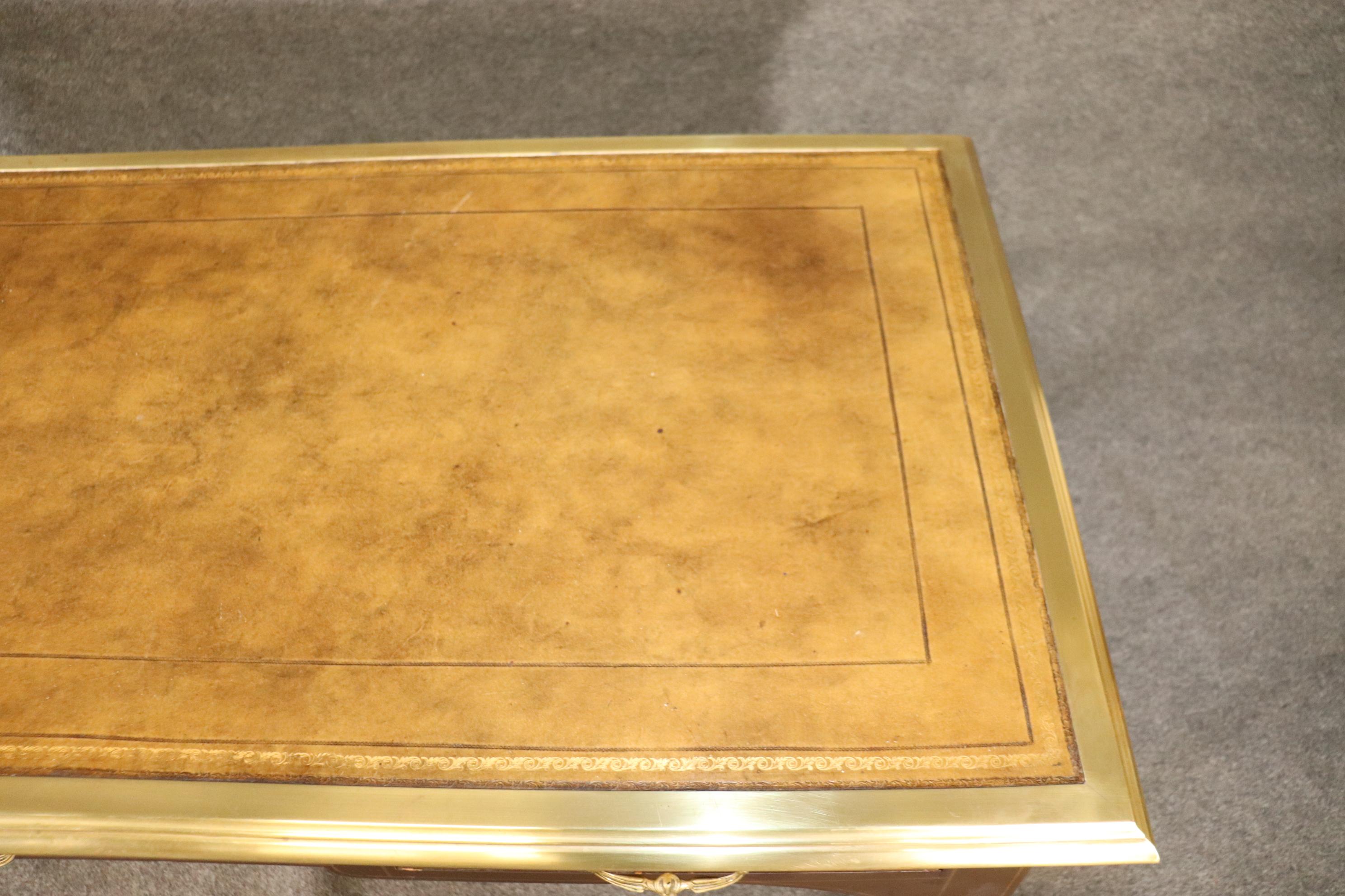 Brass Bound Leather Top Louis XV Bureau Plat Baker Collector's Edition Desk For Sale 10