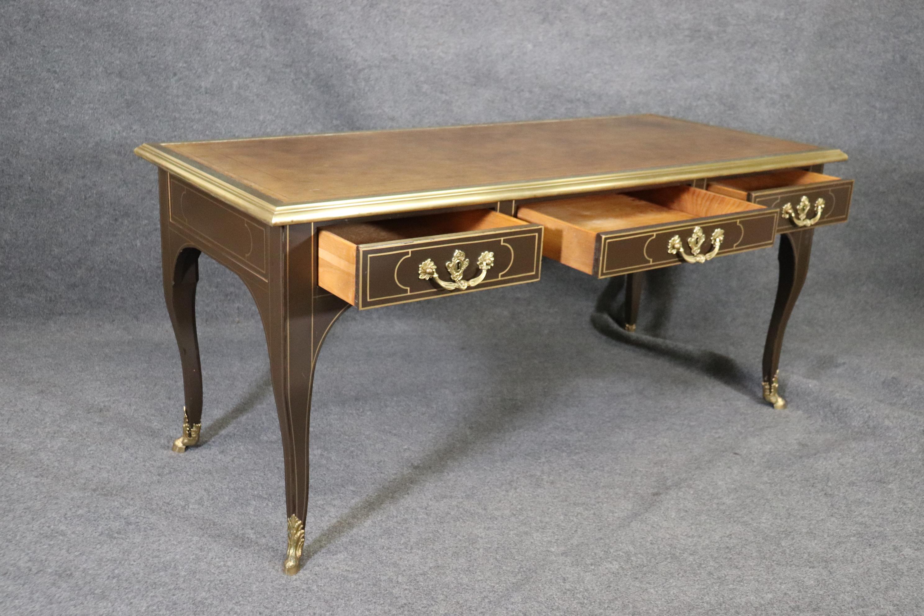 American Brass Bound Leather Top Louis XV Bureau Plat Baker Collector's Edition Desk For Sale