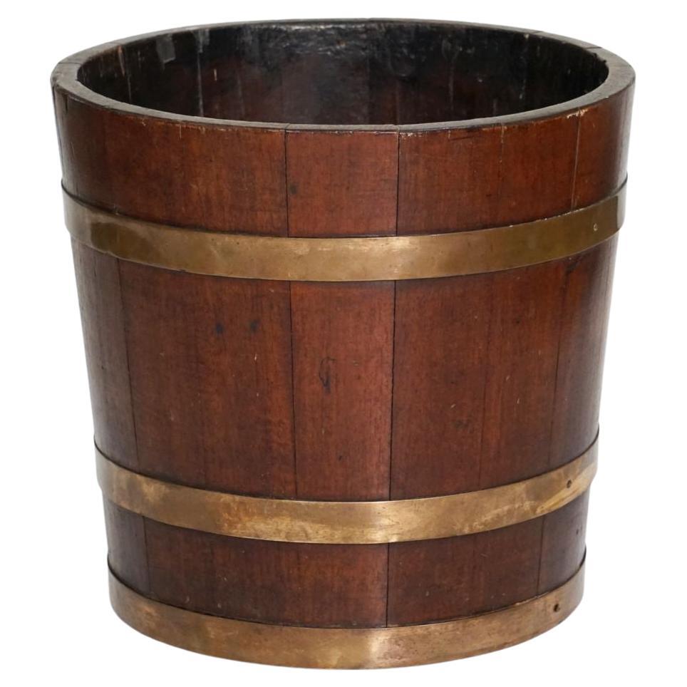 Brass-Bound Wooden Wine Cooler or Bucket from England For Sale
