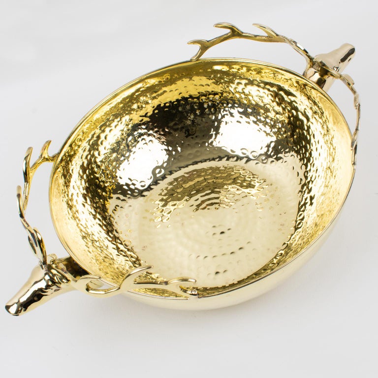 Brass Bowl Centerpiece with Stag Heads, Italy 1980s For Sale at 1stDibs