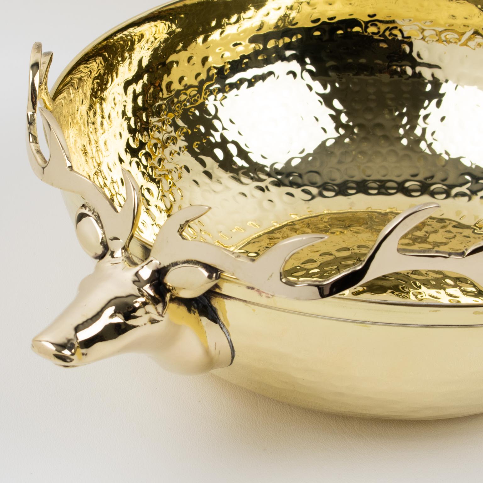 Italian Brass Bowl Decorative Centerpiece with Stag Heads Handles, Italy 1980s For Sale