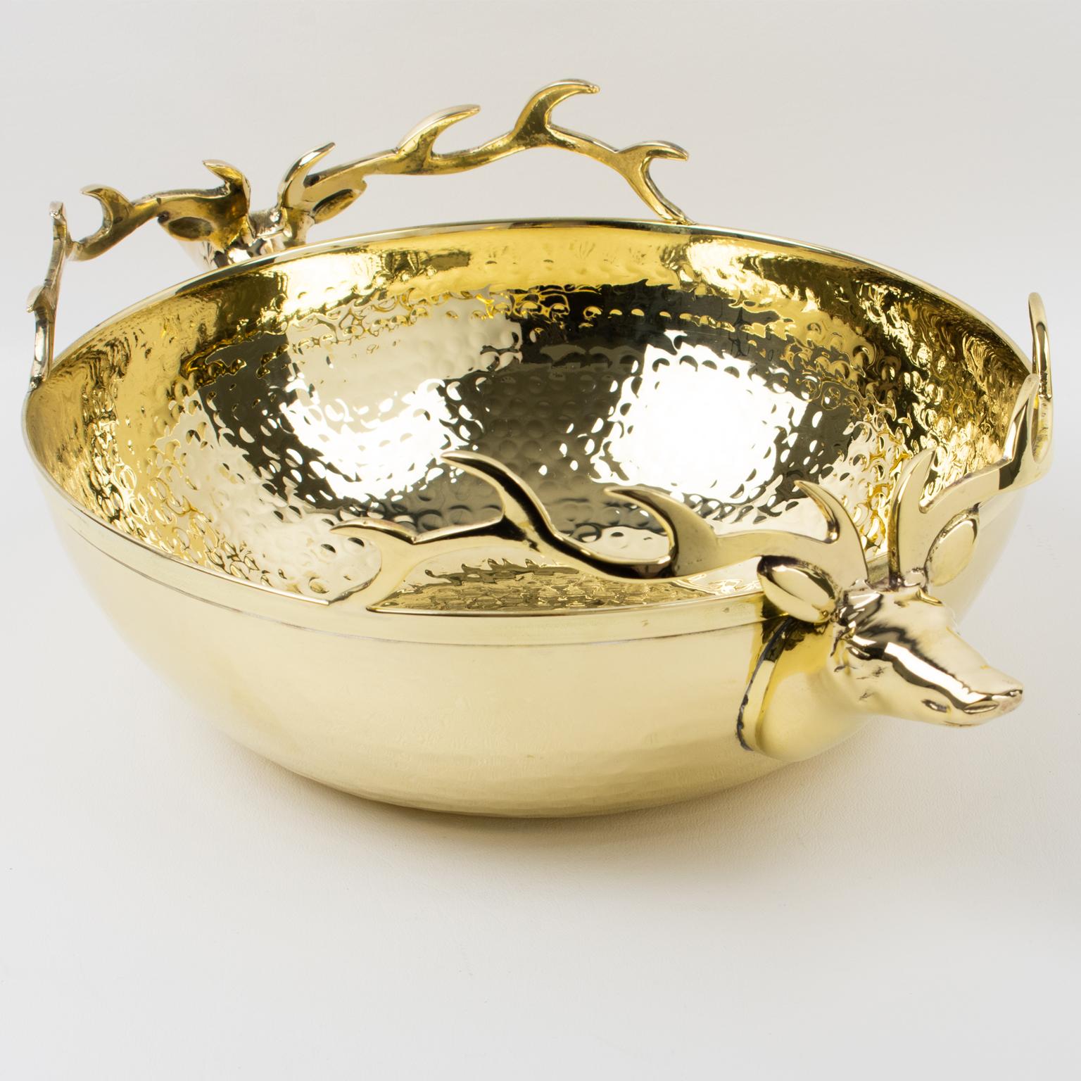 Metal Brass Bowl Decorative Centerpiece with Stag Heads Handles, Italy 1980s For Sale