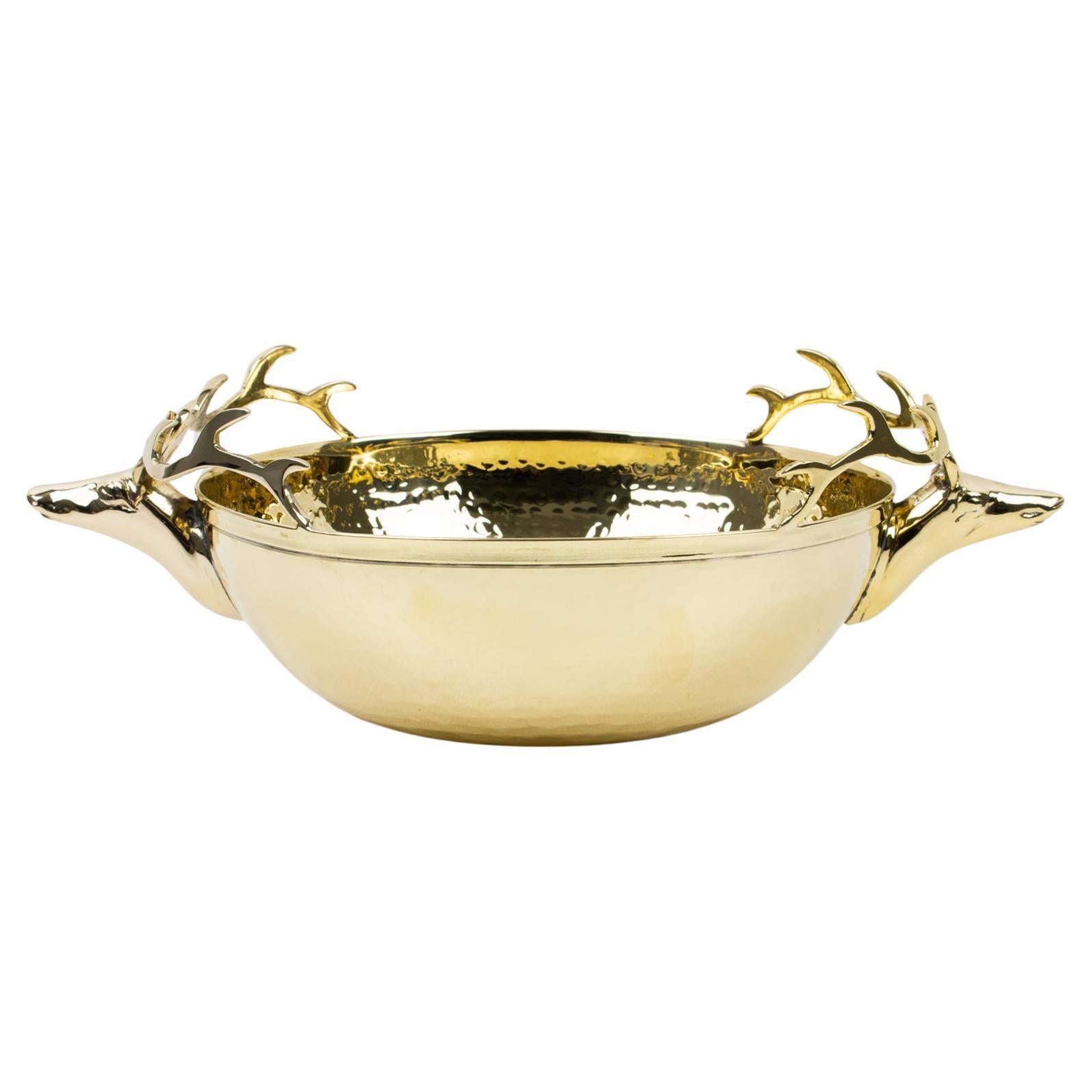 Brass Bowl Decorative Centerpiece with Stag Heads Handles, Italy 1980s For Sale
