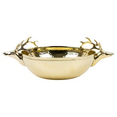 Retro Brass Bowl Decorative Centerpiece with Stag Heads Handles, Italy 1980s