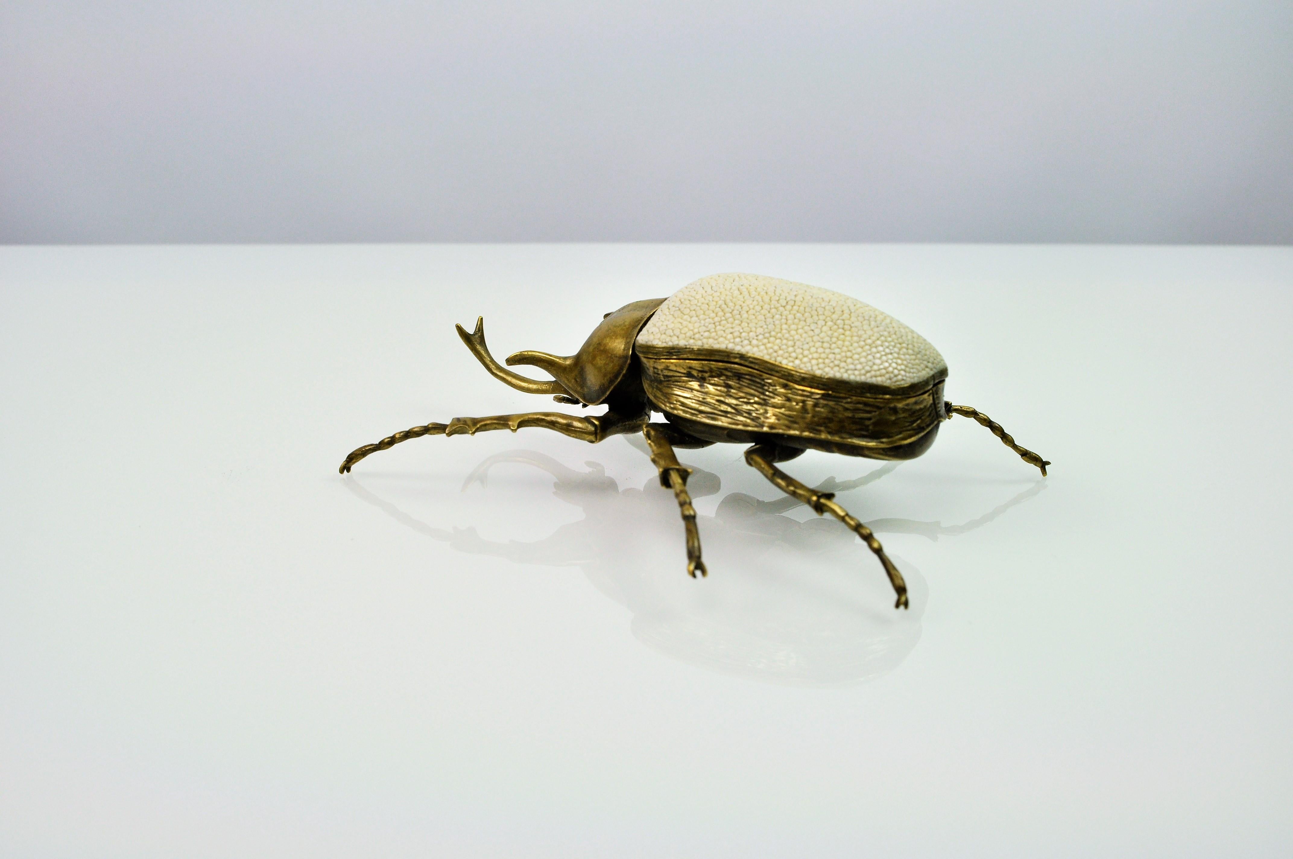 Arts and Crafts Brass Box Goliath Scarab with Shagreen Lid by Ginger Brown For Sale