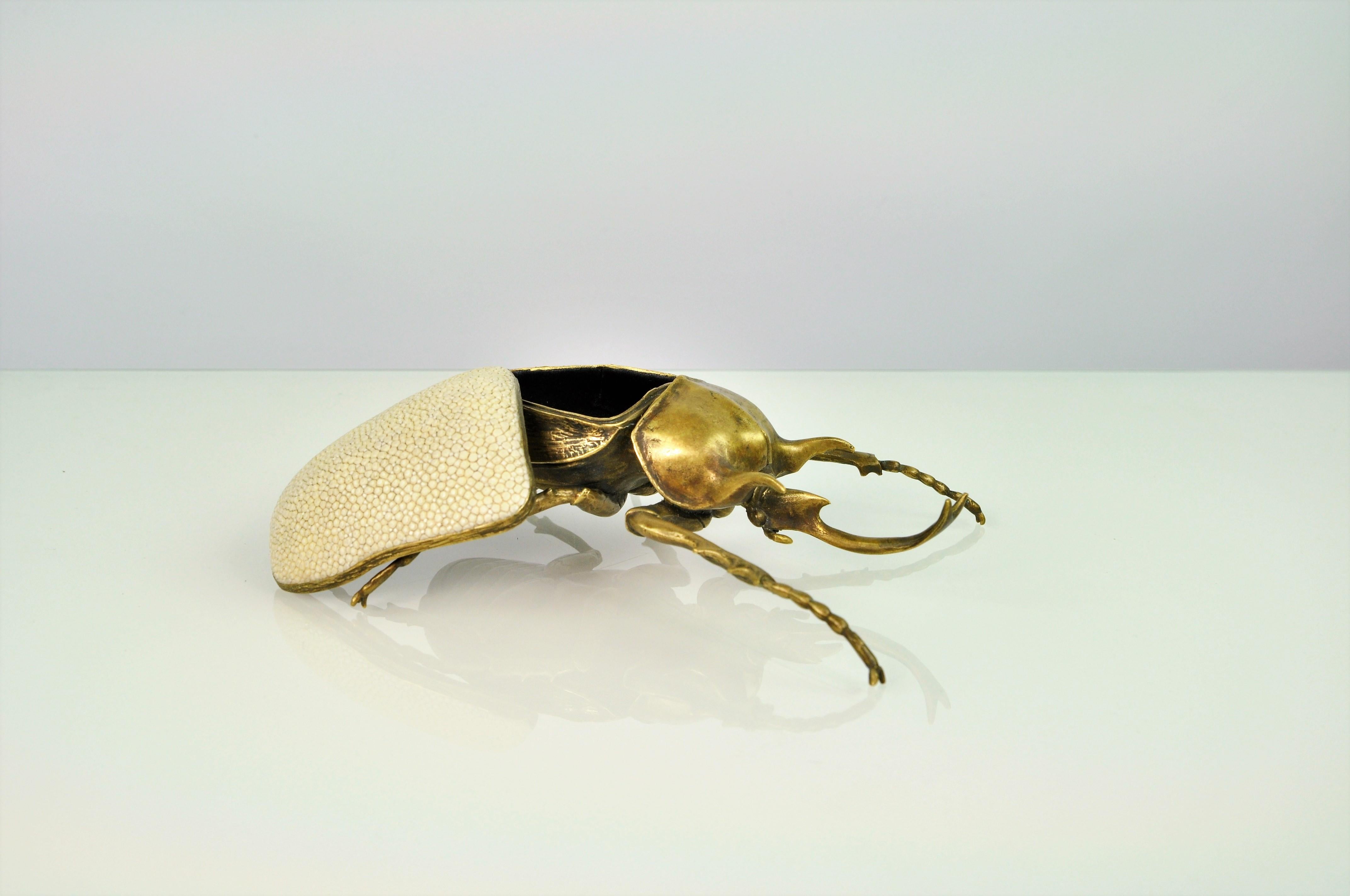 French Brass Box Goliath Scarab with Shagreen Lid by Ginger Brown For Sale