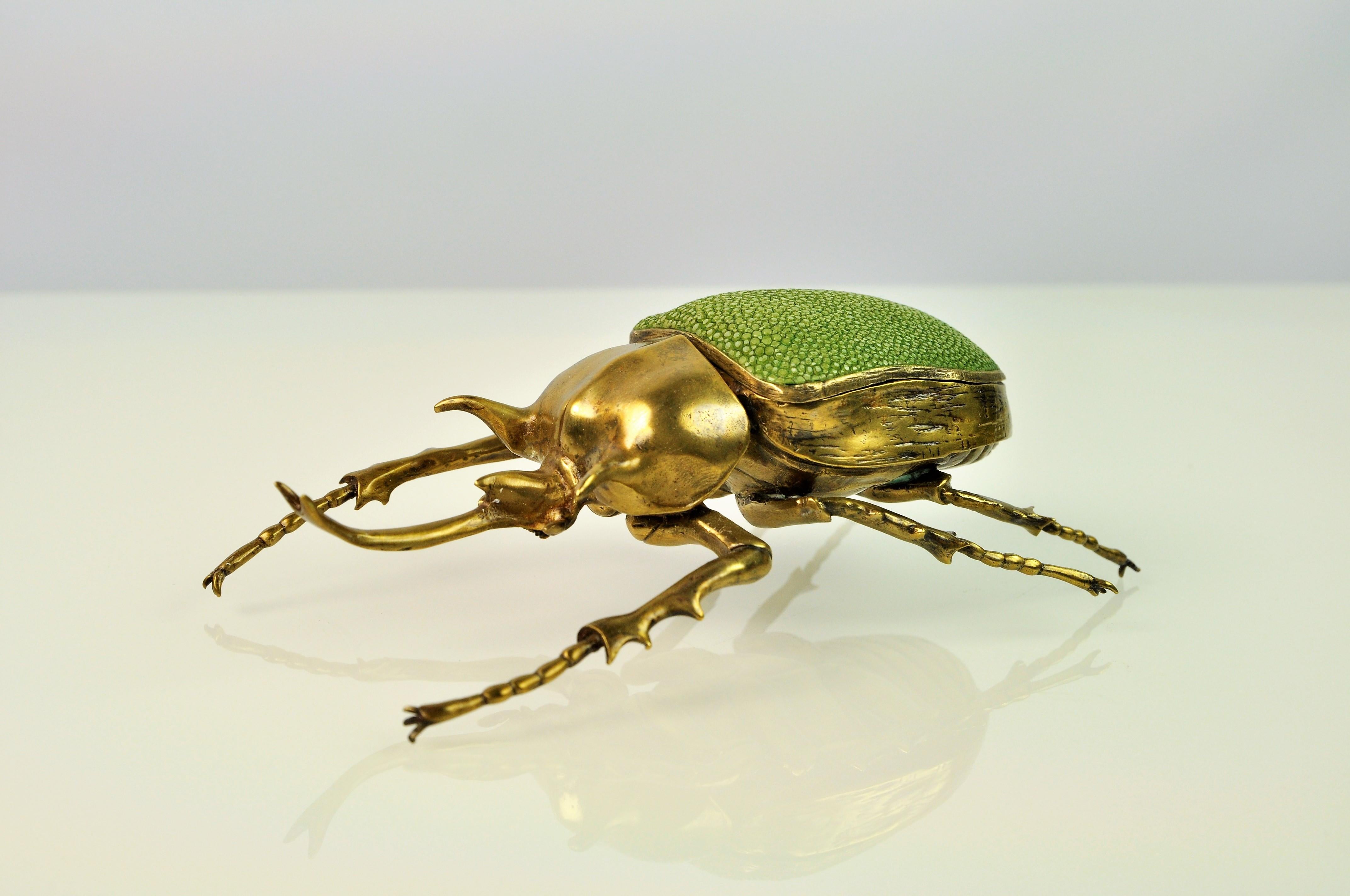 Brass Box Goliath Scarab with Shagreen Lid by Ginger Brown In New Condition In Bourguebus, FR