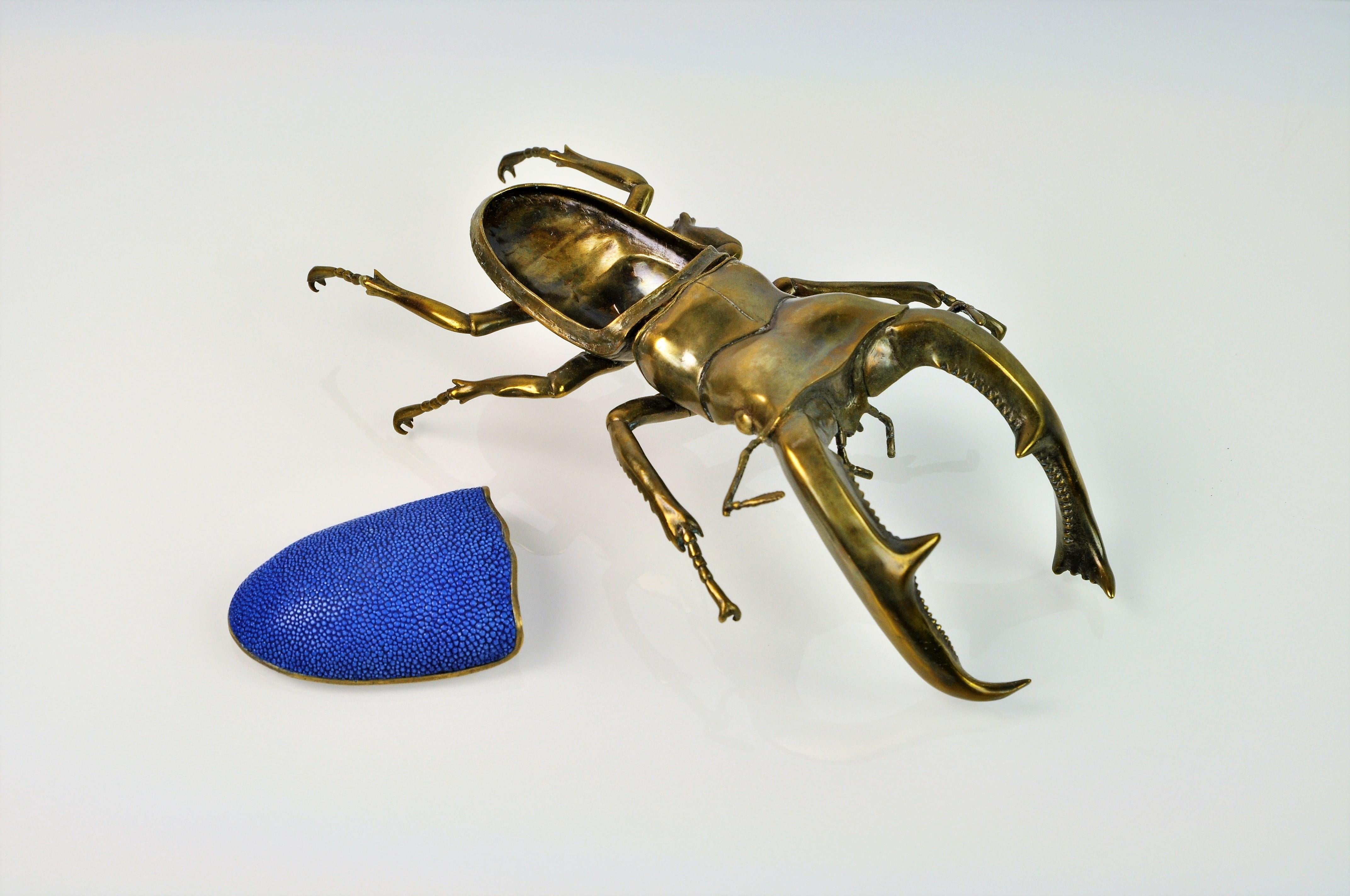 Arts and Crafts Brass Box Mandibularis Scarab with Shagreen Top by Ginger Brown For Sale