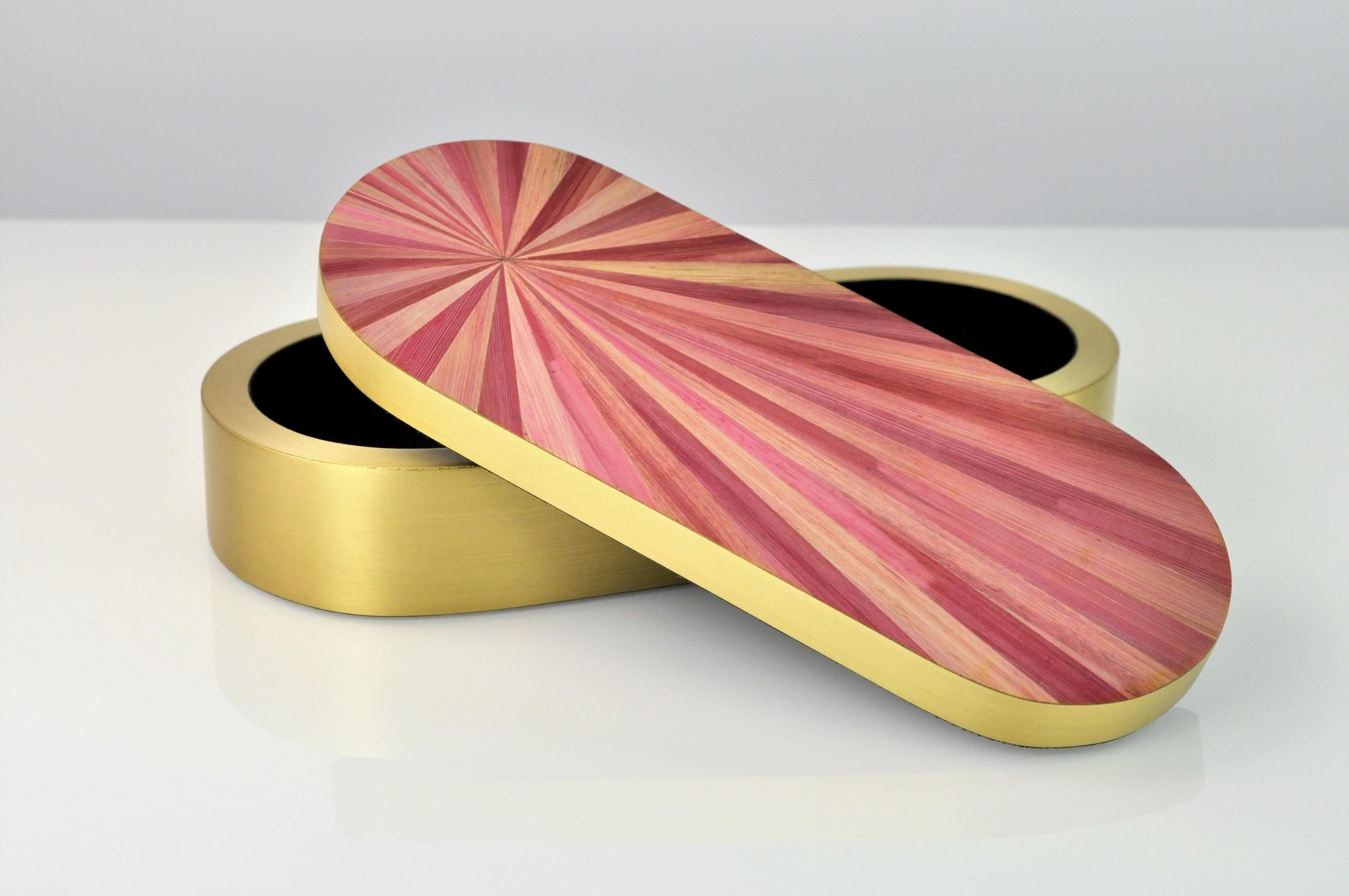 Art Deco Brass Box with a Pink Straw Marquetry Lid by Ginger Brown For Sale