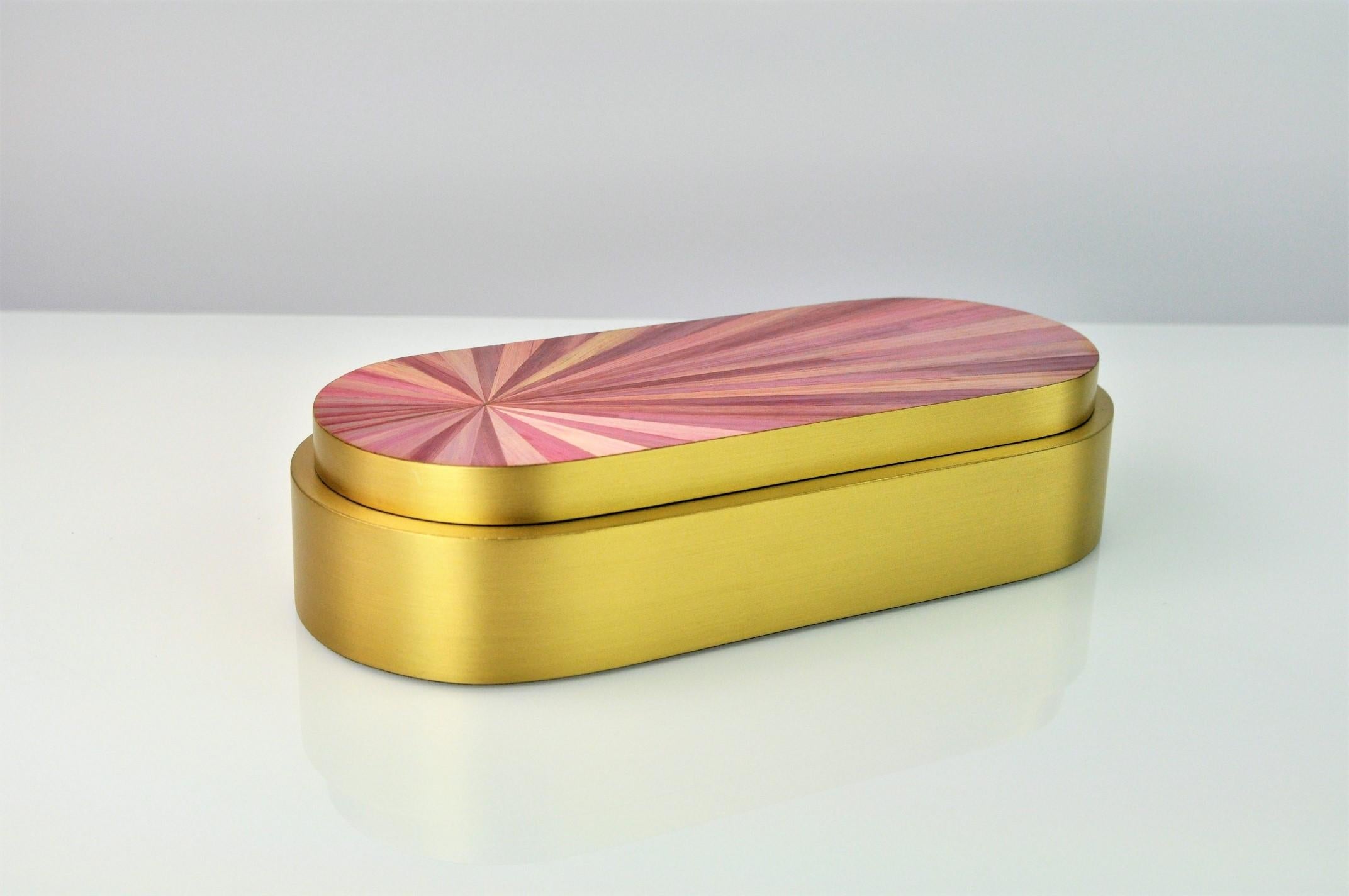 French Brass Box with a Pink Straw Marquetry Lid by Ginger Brown For Sale