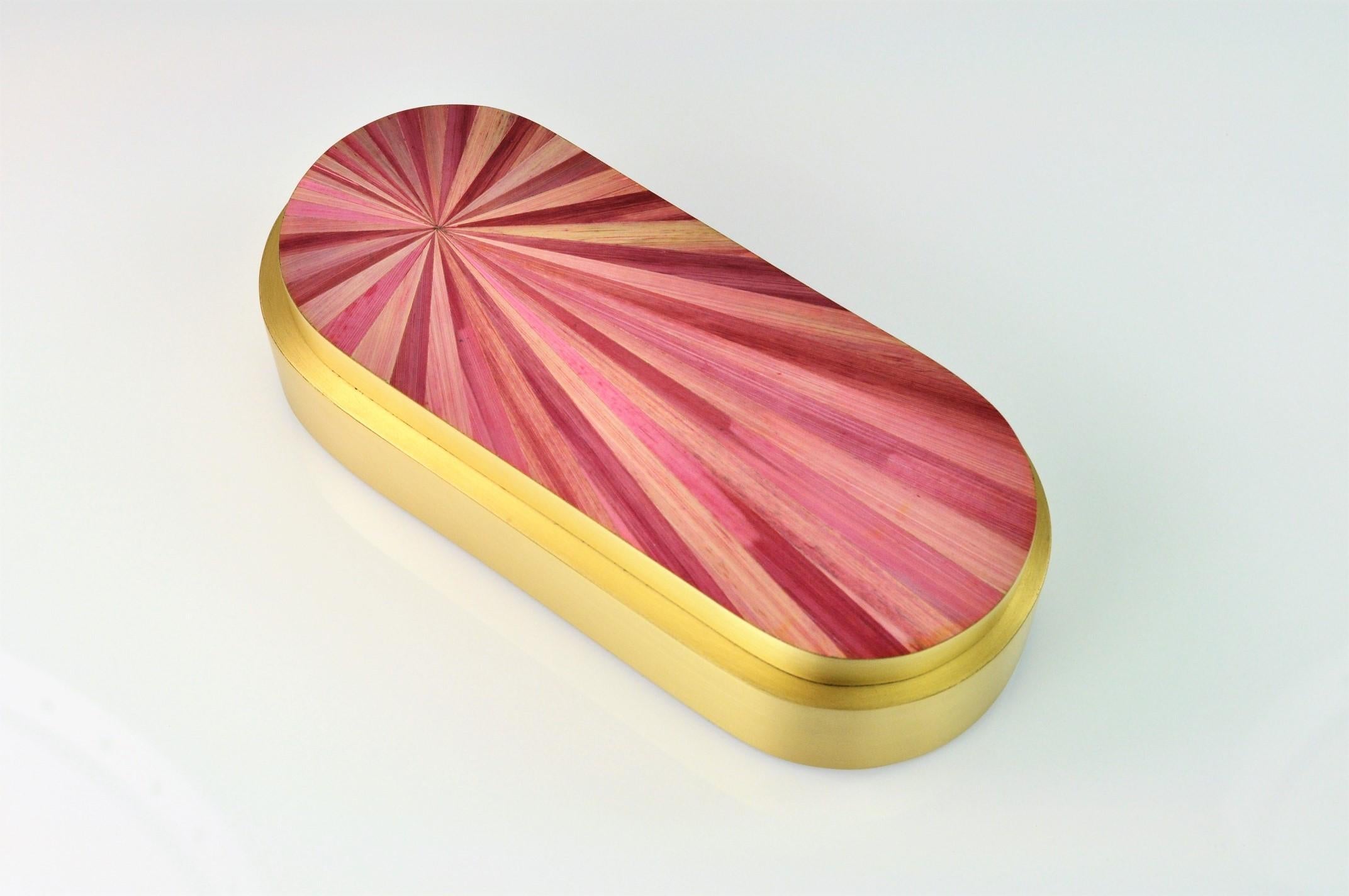 Brushed Brass Box with a Pink Straw Marquetry Lid by Ginger Brown For Sale