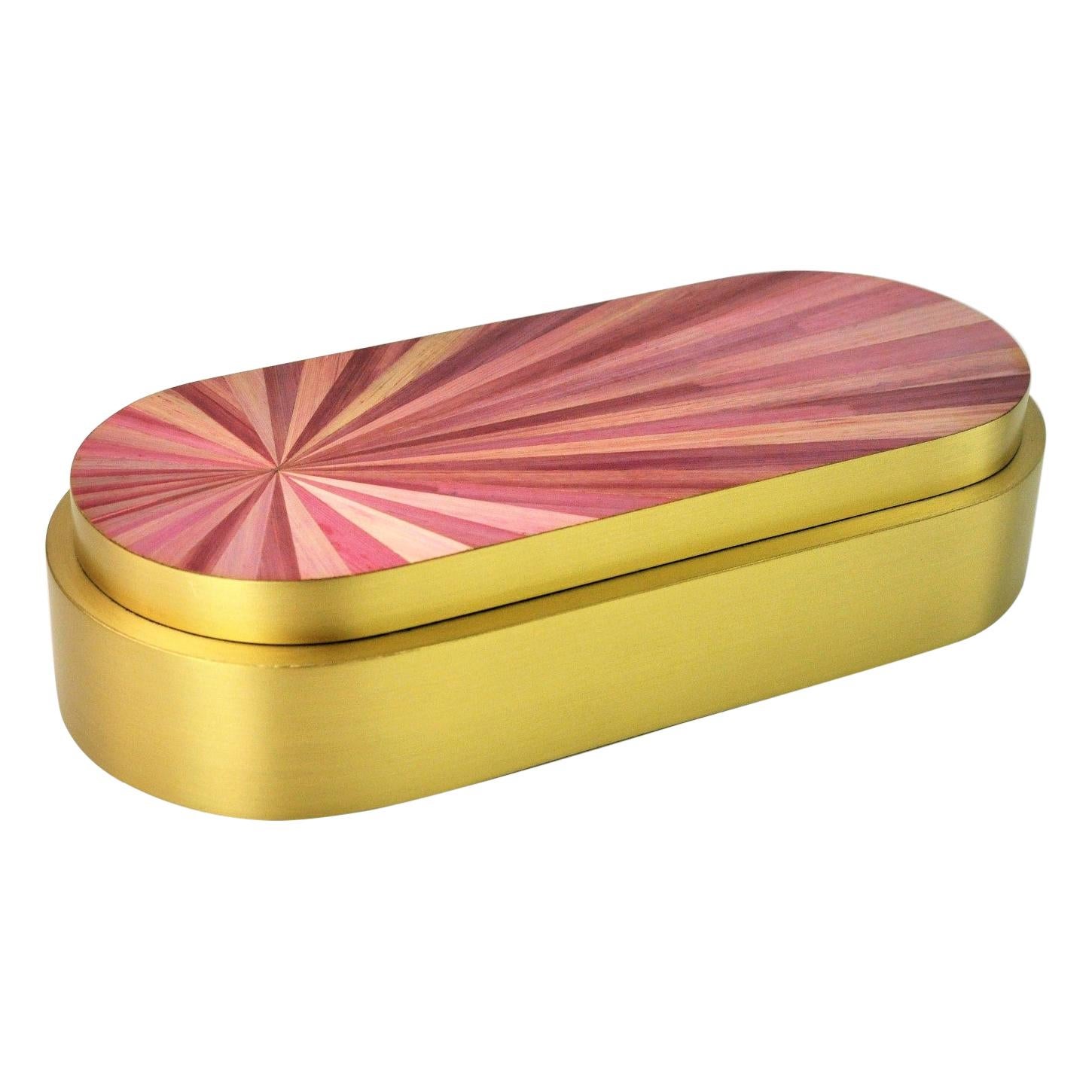 Brass Box with a Pink Straw Marquetry Lid by Ginger Brown For Sale