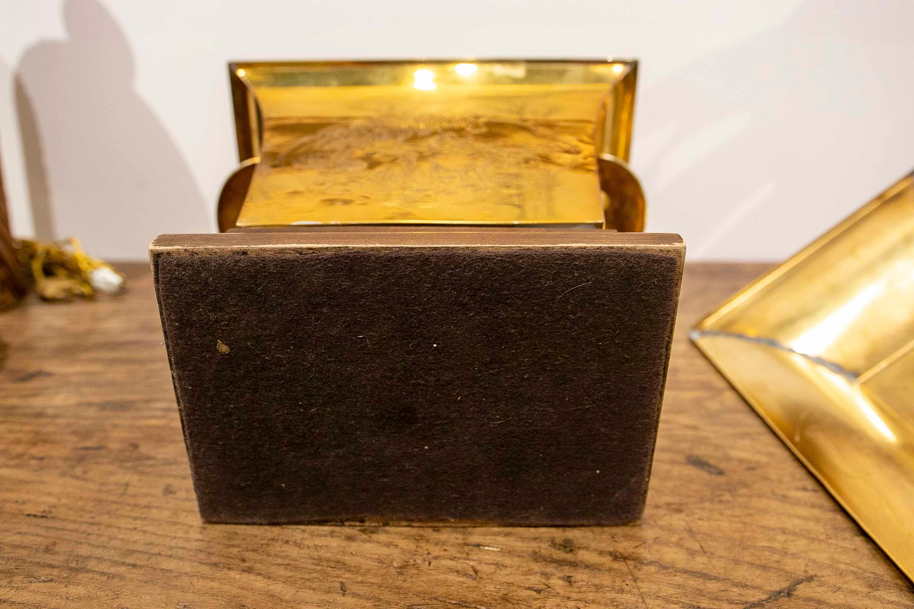 Brass Box with Lid and Handles, Wooden Base and Embossed Decoration on Sides For Sale 9