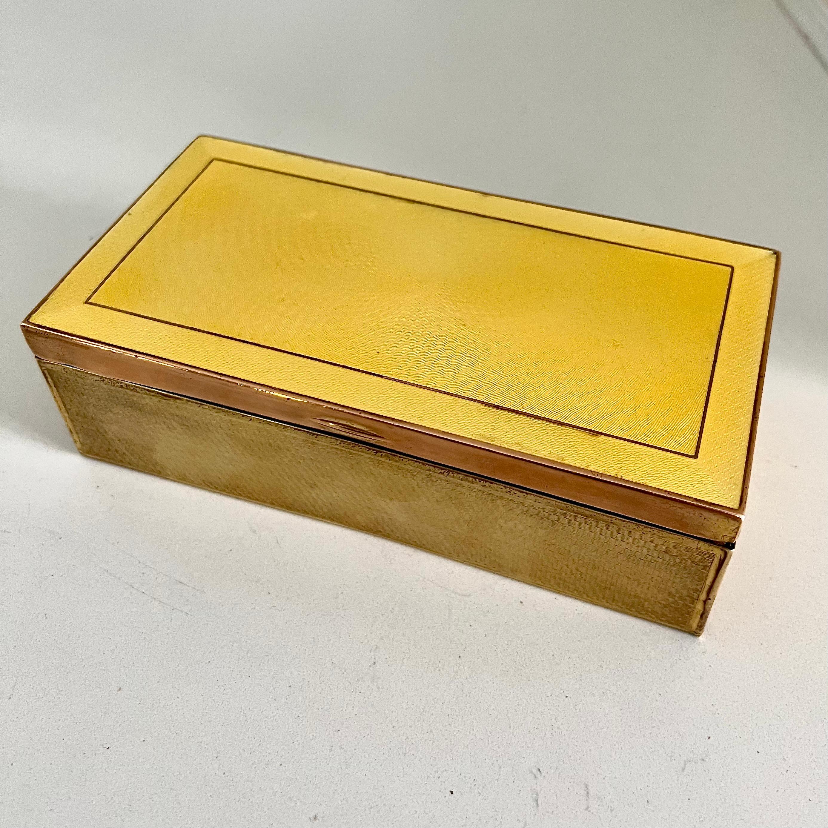 Art Deco Brass Box with Yellow Guilloche and Enamel Detail For Sale