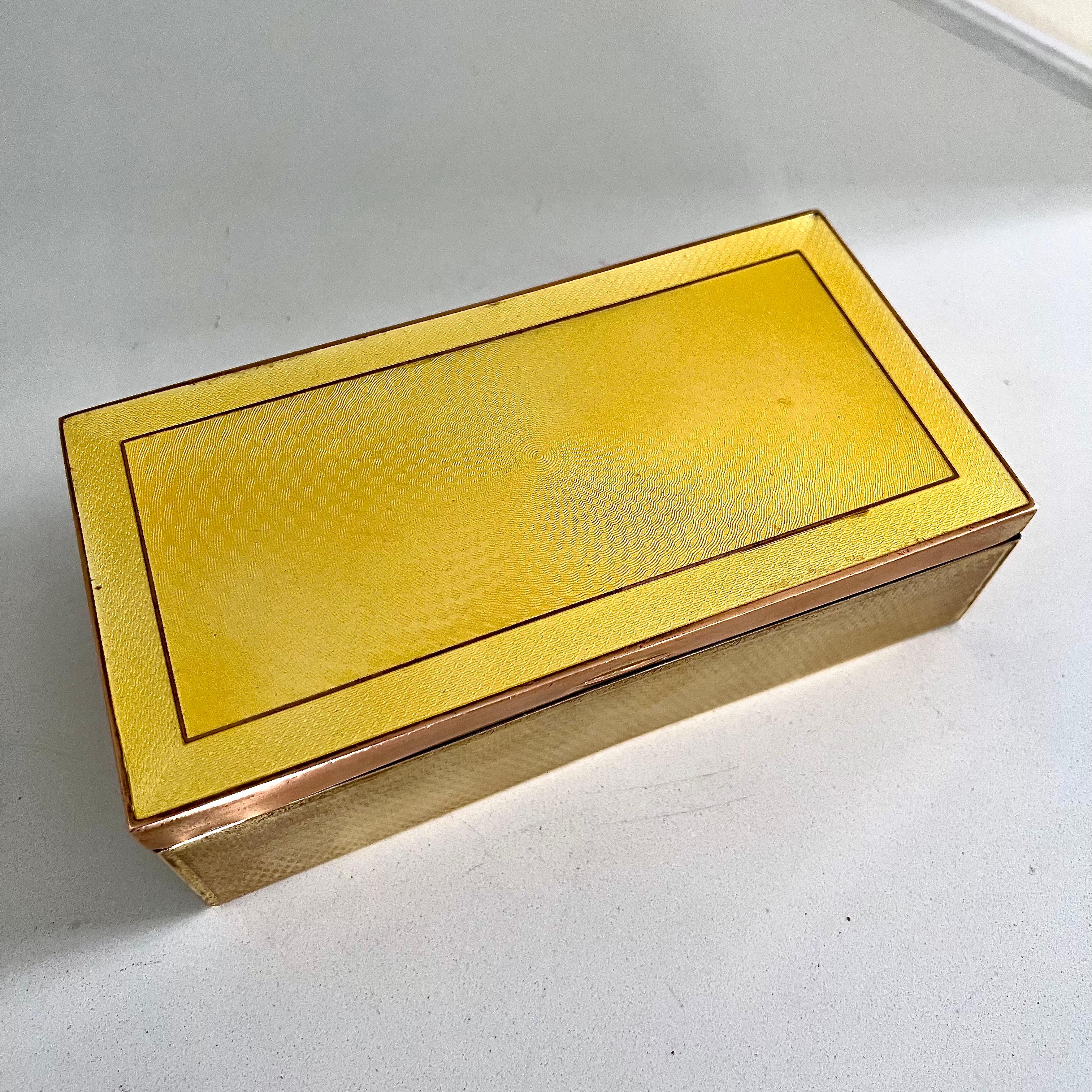 Brass Box with Yellow Guilloche and Enamel Detail In Good Condition For Sale In Los Angeles, CA