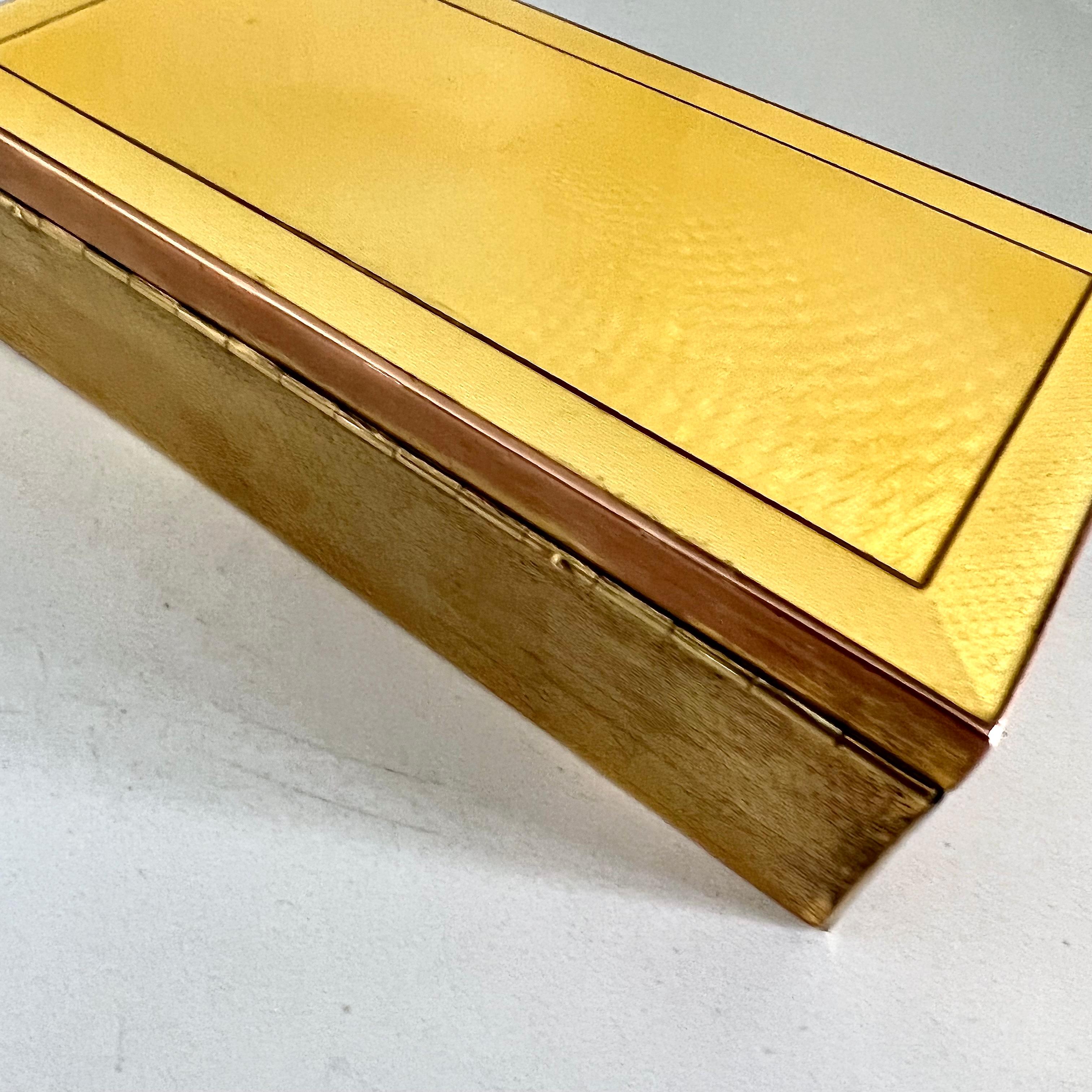 Brass Box with Yellow Guilloche and Enamel Detail For Sale 1