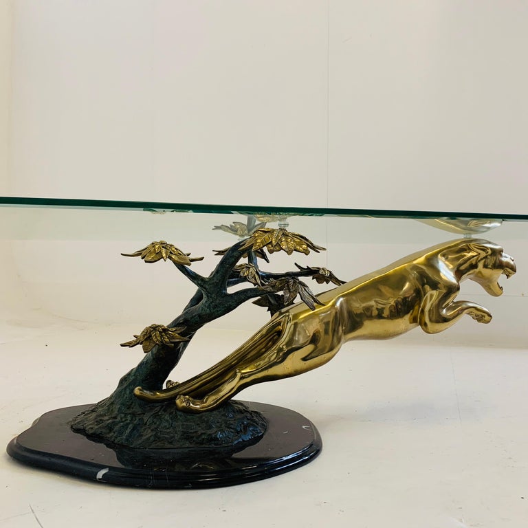 Brass, Bronze and Marble Panther Table Attributed to Maison Jansen, 1970s For Sale 7
