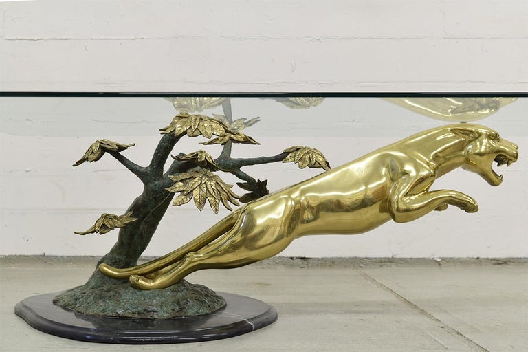 Hollywood Regency Brass, Bronze and Marble Panther Table Attributed to Maison Jansen, 1970s For Sale