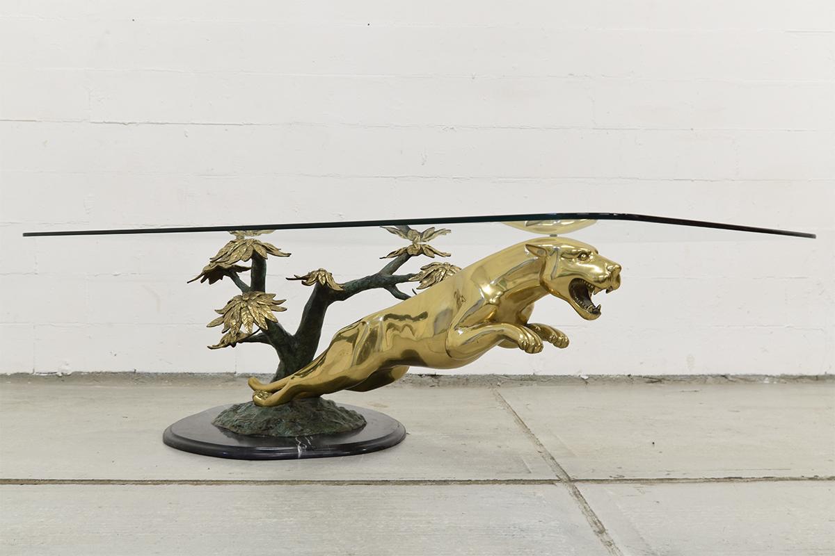 Brass, Bronze and Marble Panther Table Attributed to Maison Jansen, 1970s For Sale 2