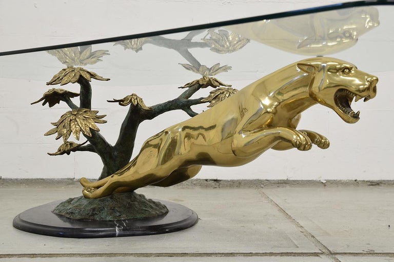 Brass, Bronze and Marble Panther Table Attributed to Maison Jansen, 1970s For Sale 3