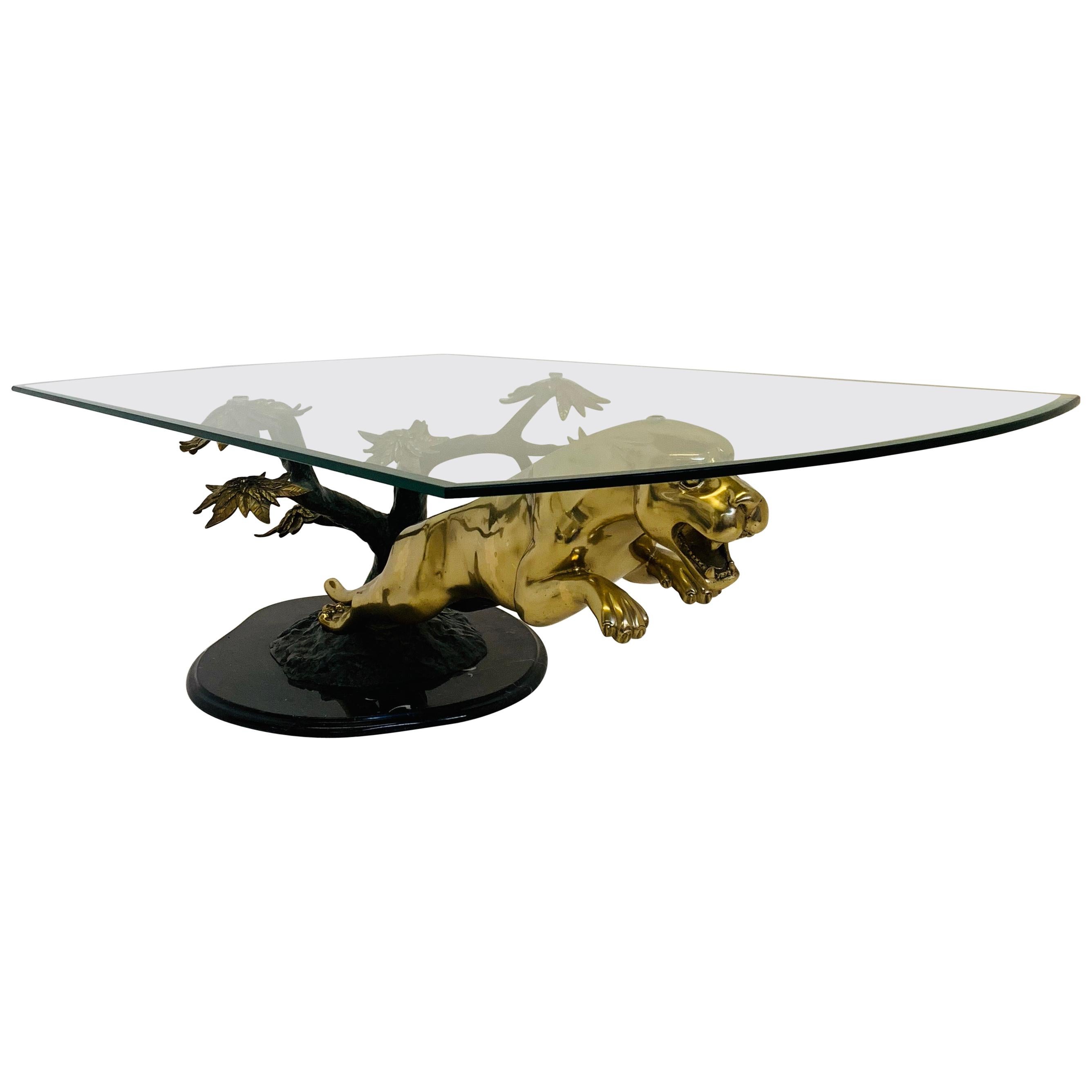 Brass, Bronze and Marble Panther Table Attributed to Maison Jansen, 1970s For Sale