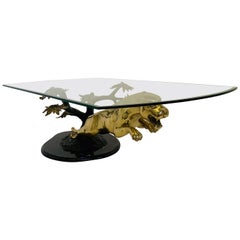Vintage Brass, Bronze and Marble Panther Table Attributed to Maison Jansen, 1970s