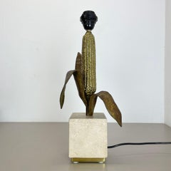 brass, bronze and travertine Table Light by MAISON CHARLES attrib., France 1970s