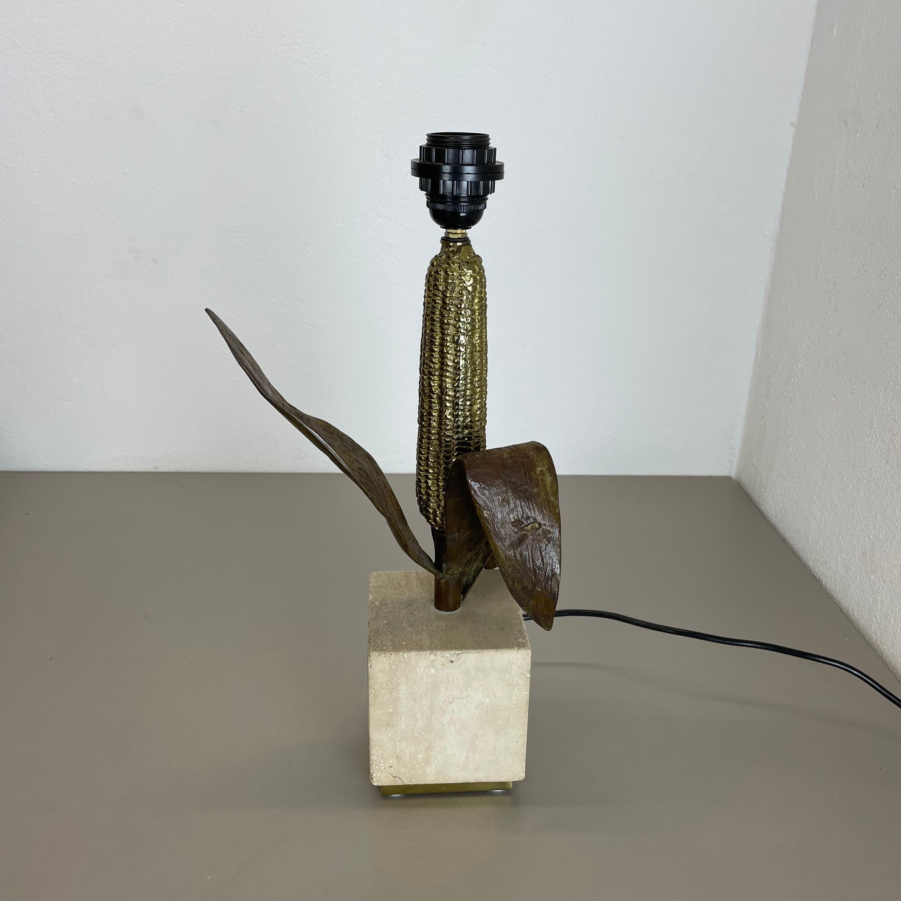 French brass, bronze and travertine Table Light by MAISON CHARLES attrib., France 1970s For Sale