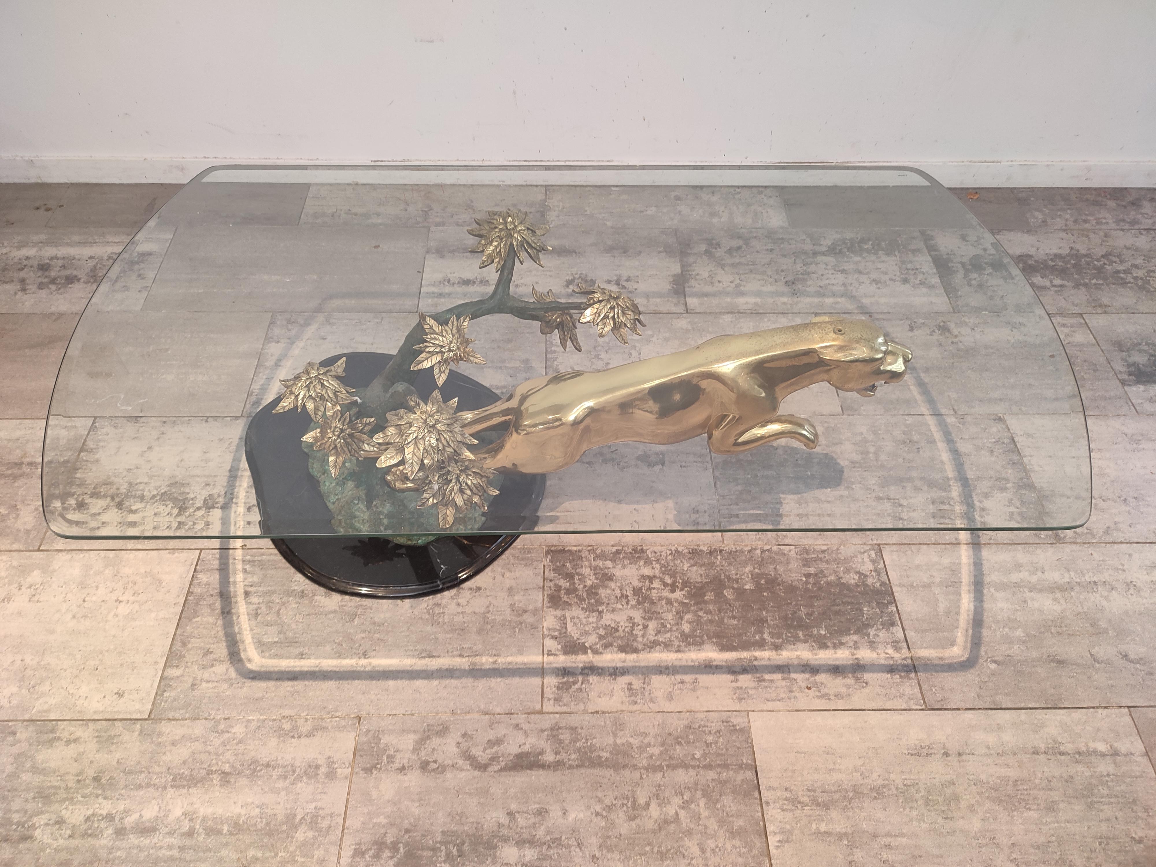 Hollywood Regency Brass, Bronze, Jaguar Coffee Table with Marble Base