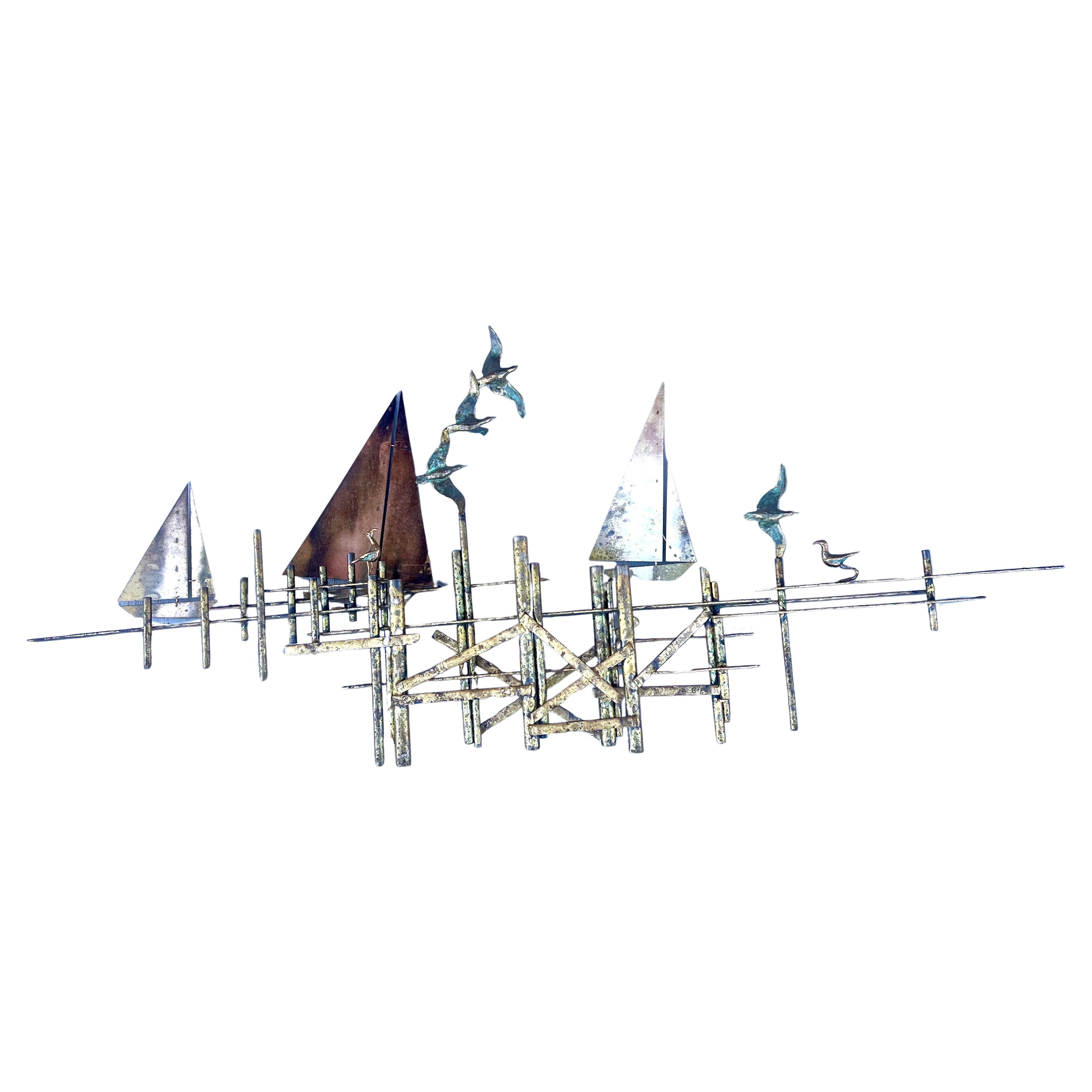American Brass & Bronze Sailboats & Dock Wall Sculpture Signed by Curtis Jere For Sale